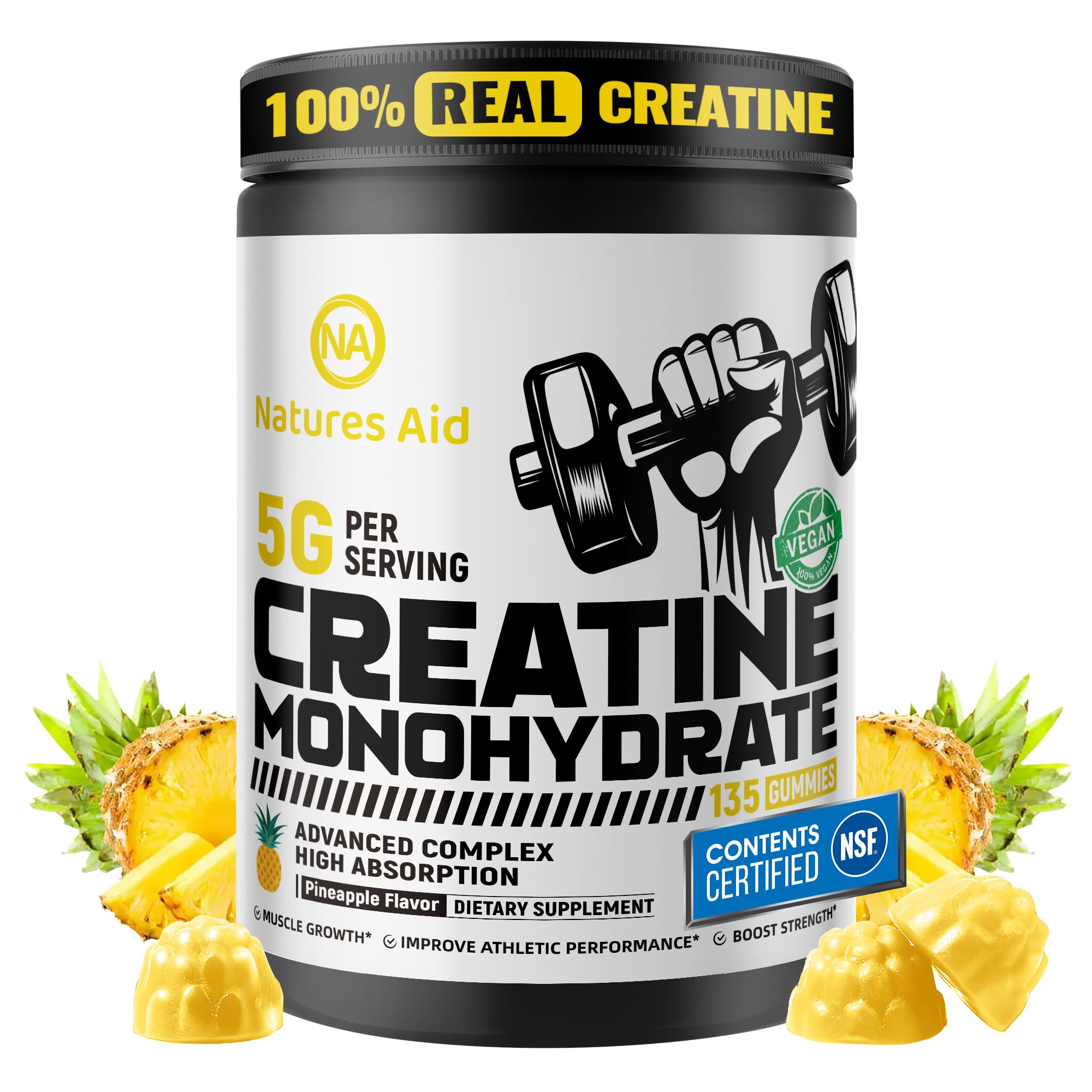 Natures Aid Creatine Monohydrate Gummies front view with packaging