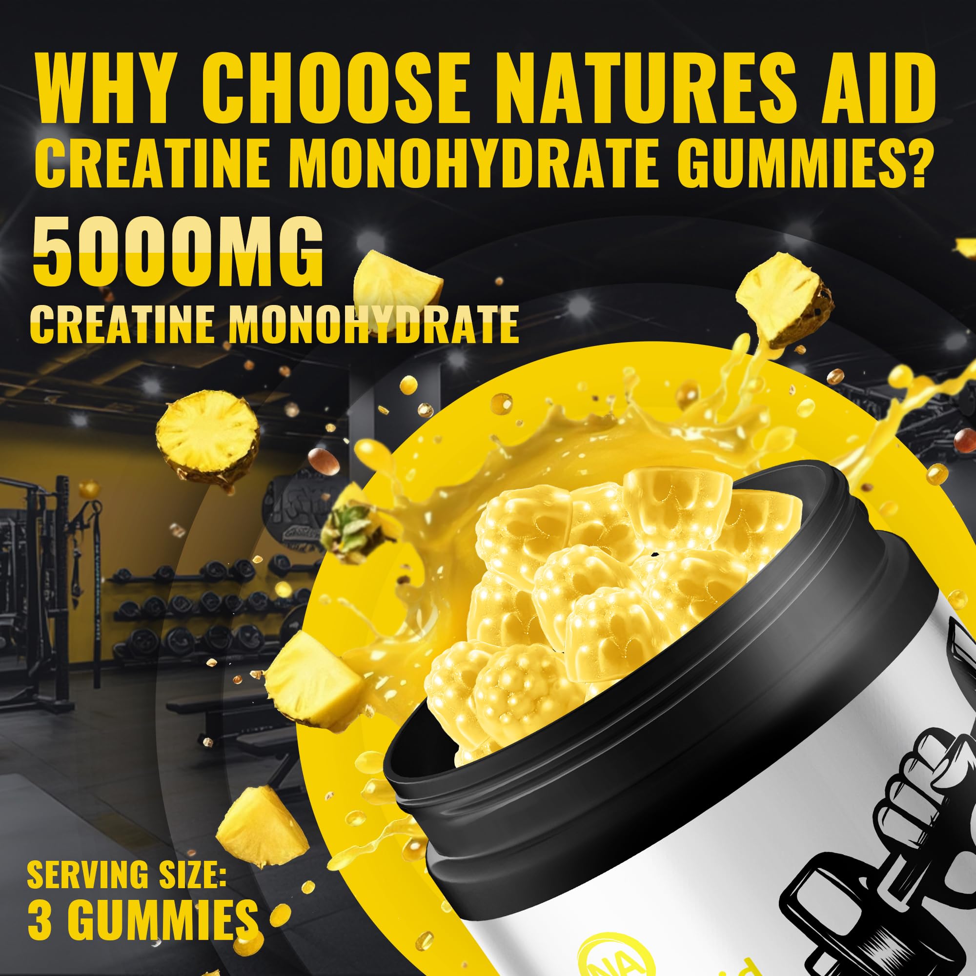 Natures Aid Creatine Monohydrate Gummies on a kitchen counter