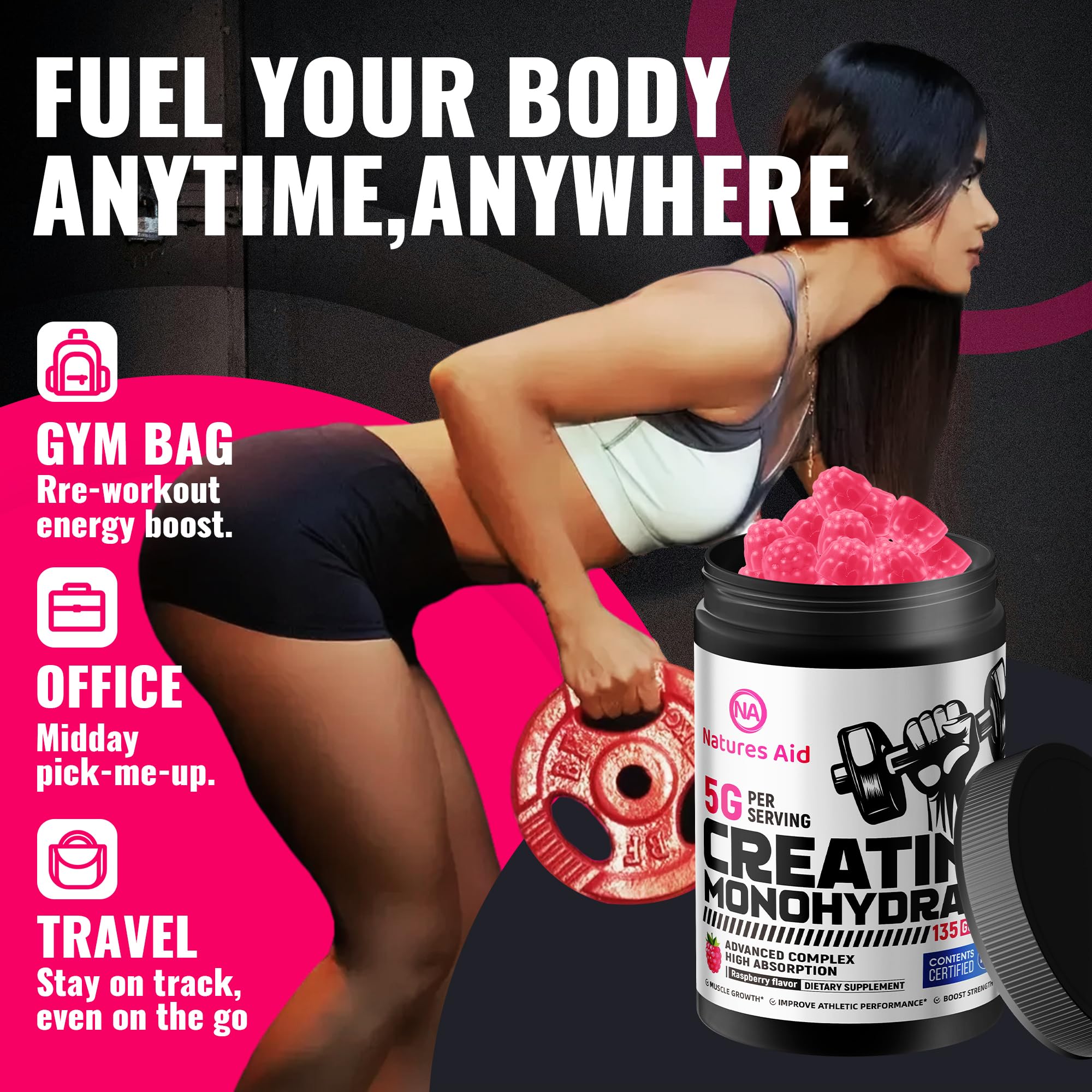 Natures Aid Creatine Monohydrate Gummies on a kitchen counter