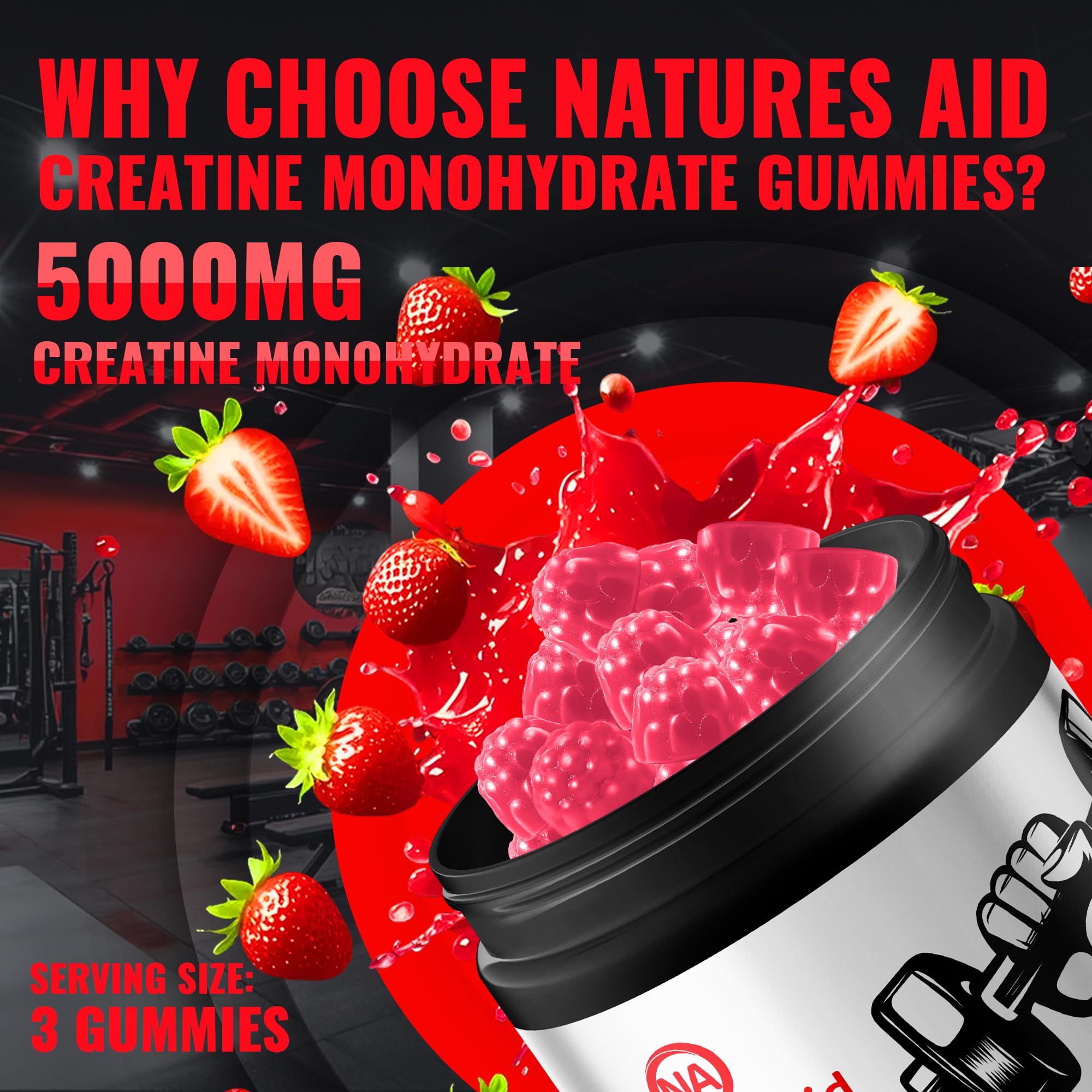 Natures Aid Creatine Monohydrate Gummies on a table with a measuring spoon