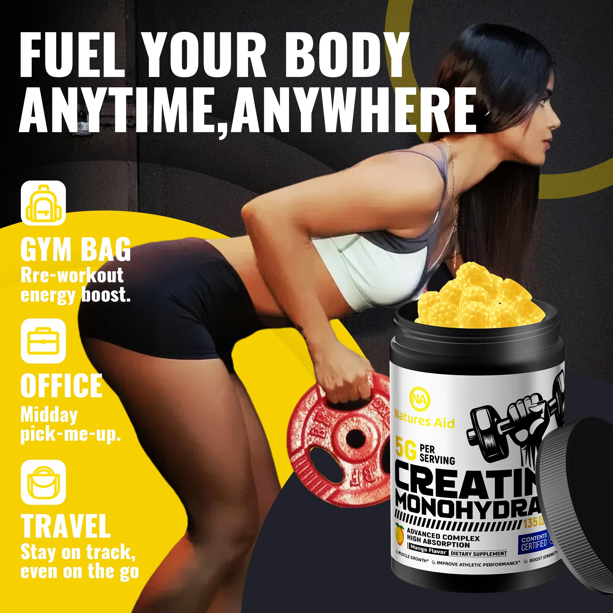 Natures Aid Creatine Monohydrate Gummies on a wooden table