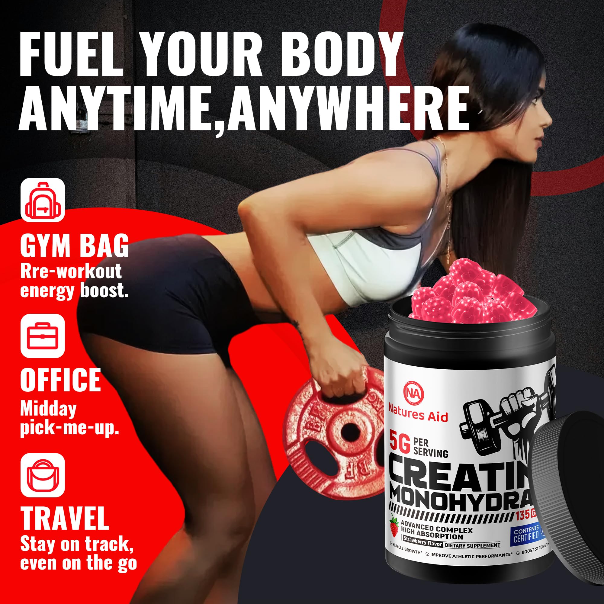 Natures Aid Creatine Monohydrate Gummies with a glass of water