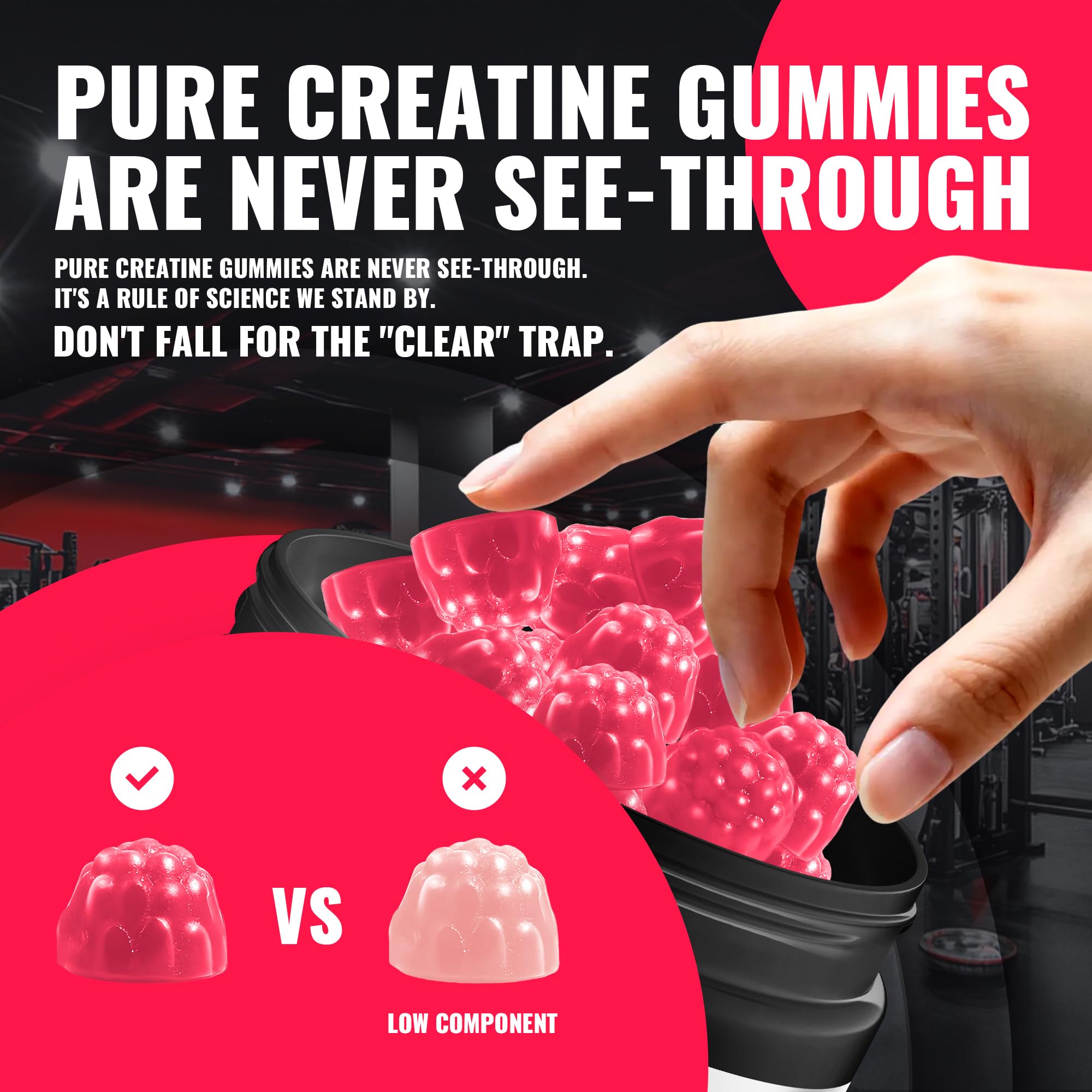 Natures Aid Creatine Monohydrate Gummies with a hand holding three gummies
