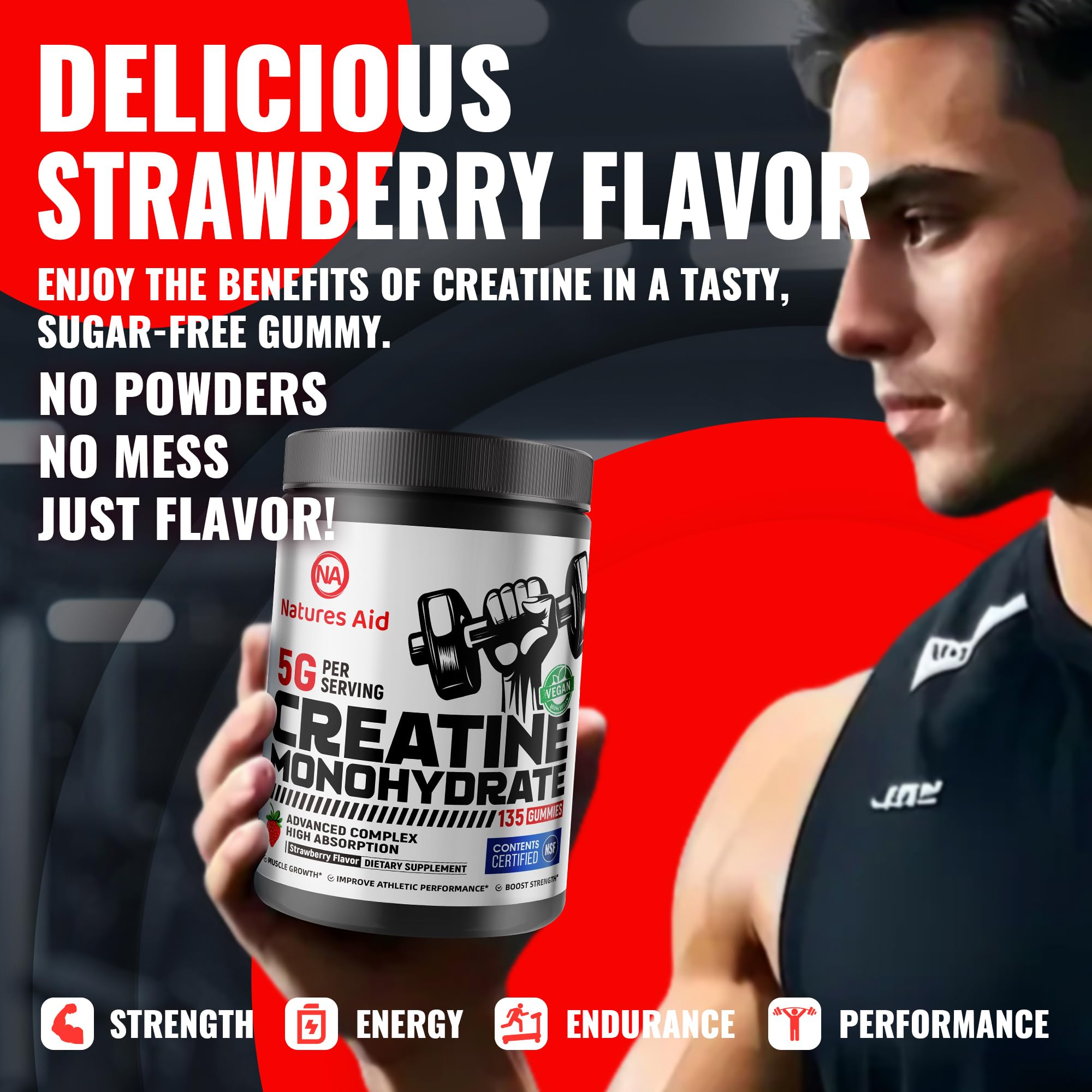 Natures Aid Creatine Monohydrate Gummies with a hand holding three gummies