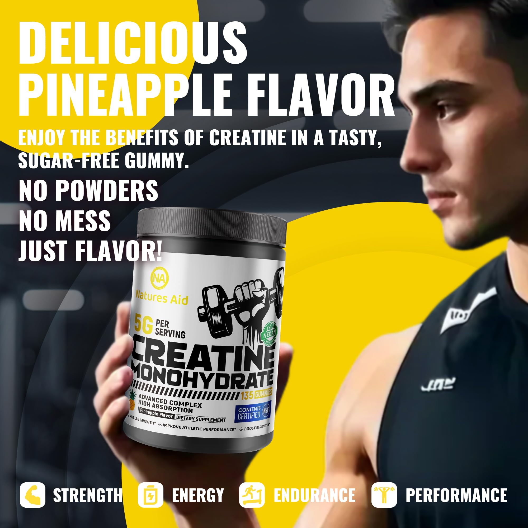 Natures Aid Creatine Monohydrate Gummies with a measuring spoon