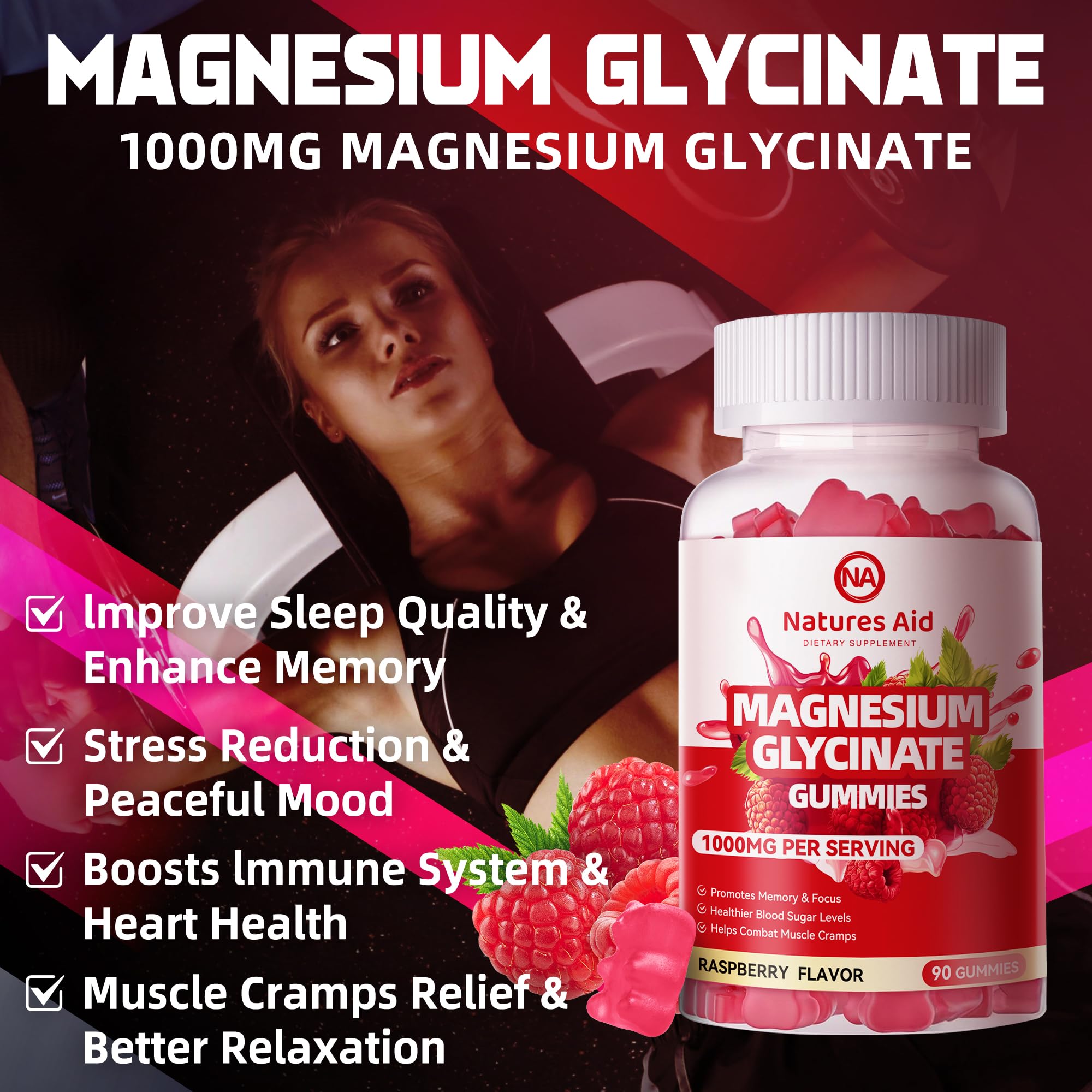 Natures Aid Magnesium Glycinate Gummies 1000mg with natural raspberry flavour