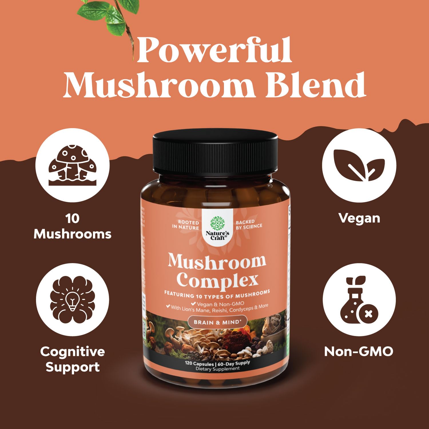 Natures Craft 10X Mushroom Blend Supplement label close-up