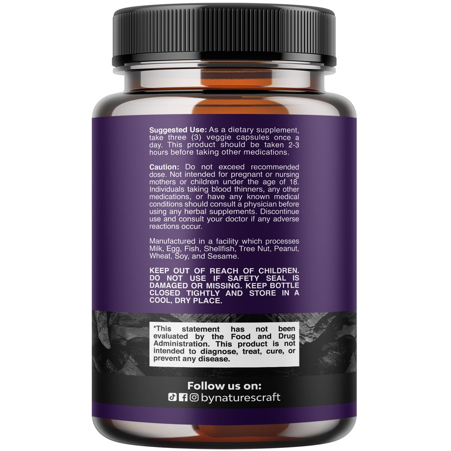 Natures Craft Activated Charcoal Capsules bottle side view
