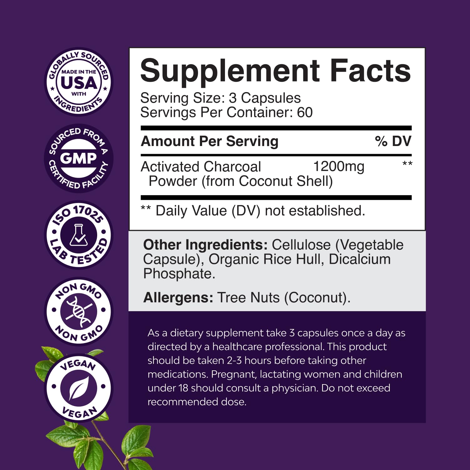 Natures Craft Activated Charcoal Capsules with dosage information