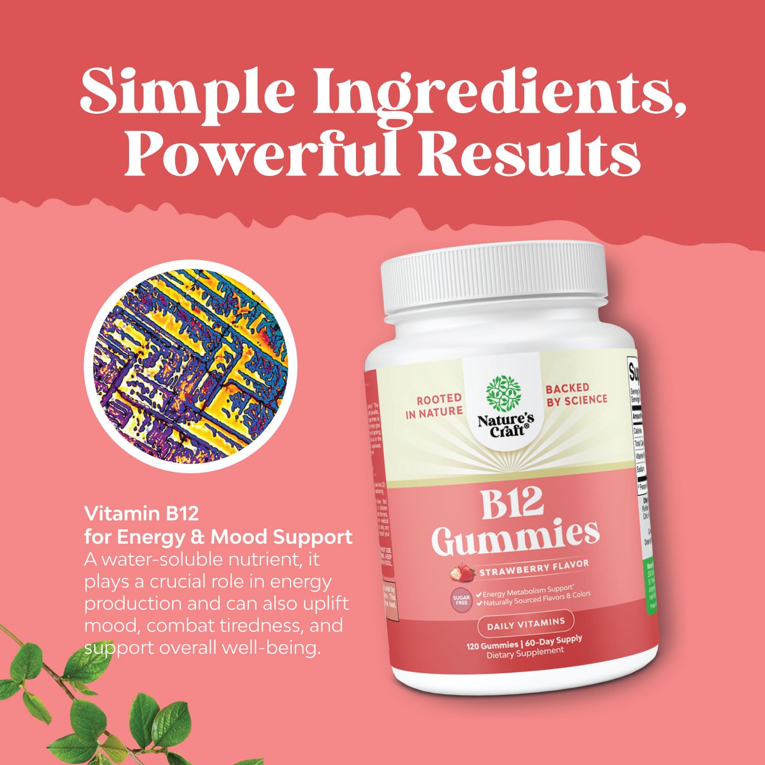 Natures Craft B12 Energy Gummies with a hand holding a gummy