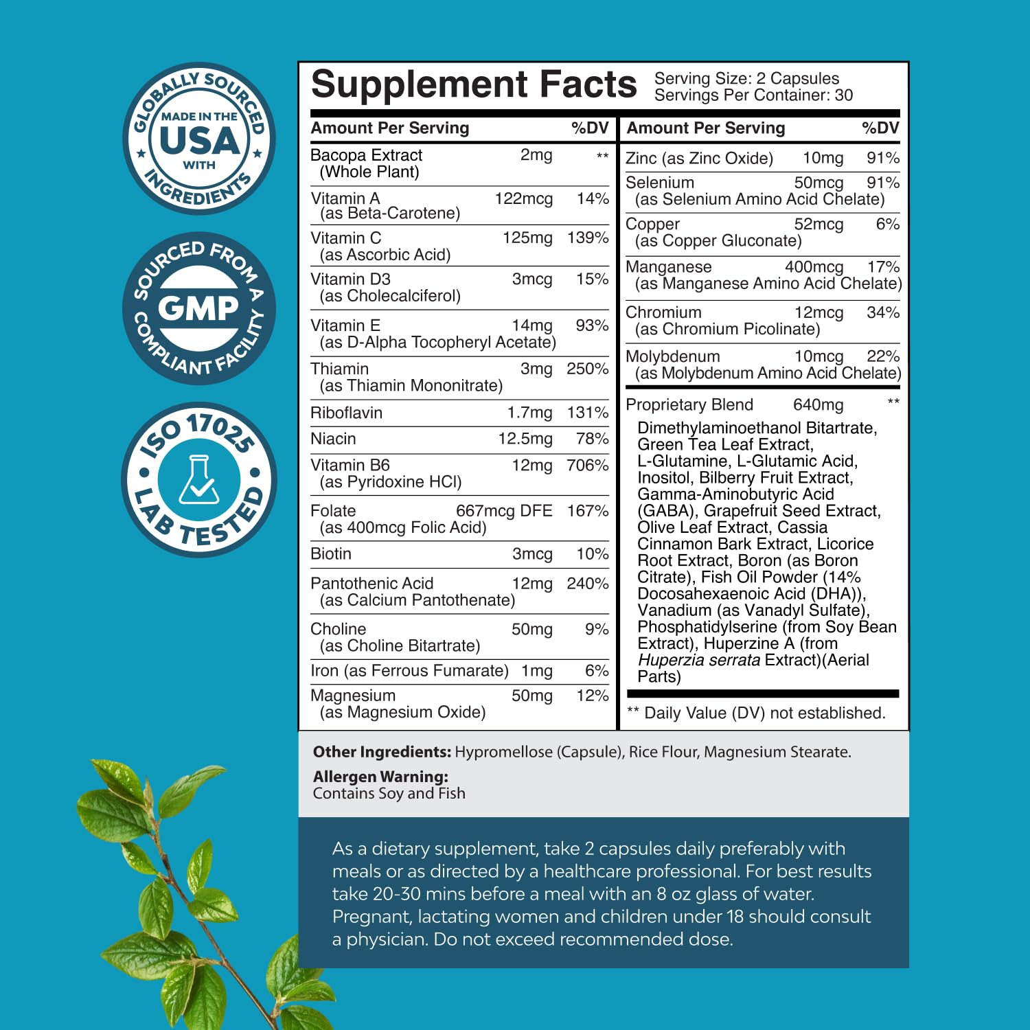 Natures Craft Bacopa Monnieri capsules with ingredients display
