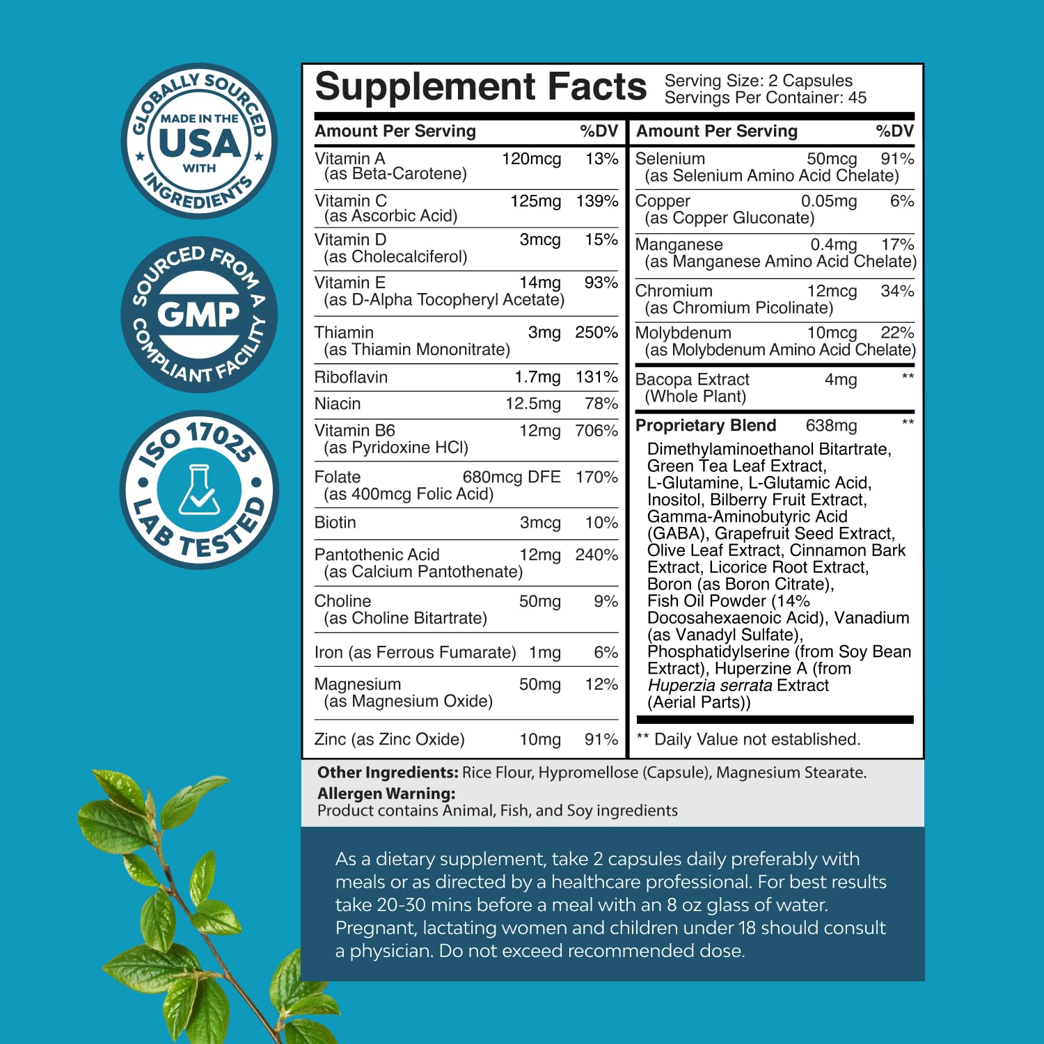 Natures Craft Bacopa Monnieri capsules with ingredients list