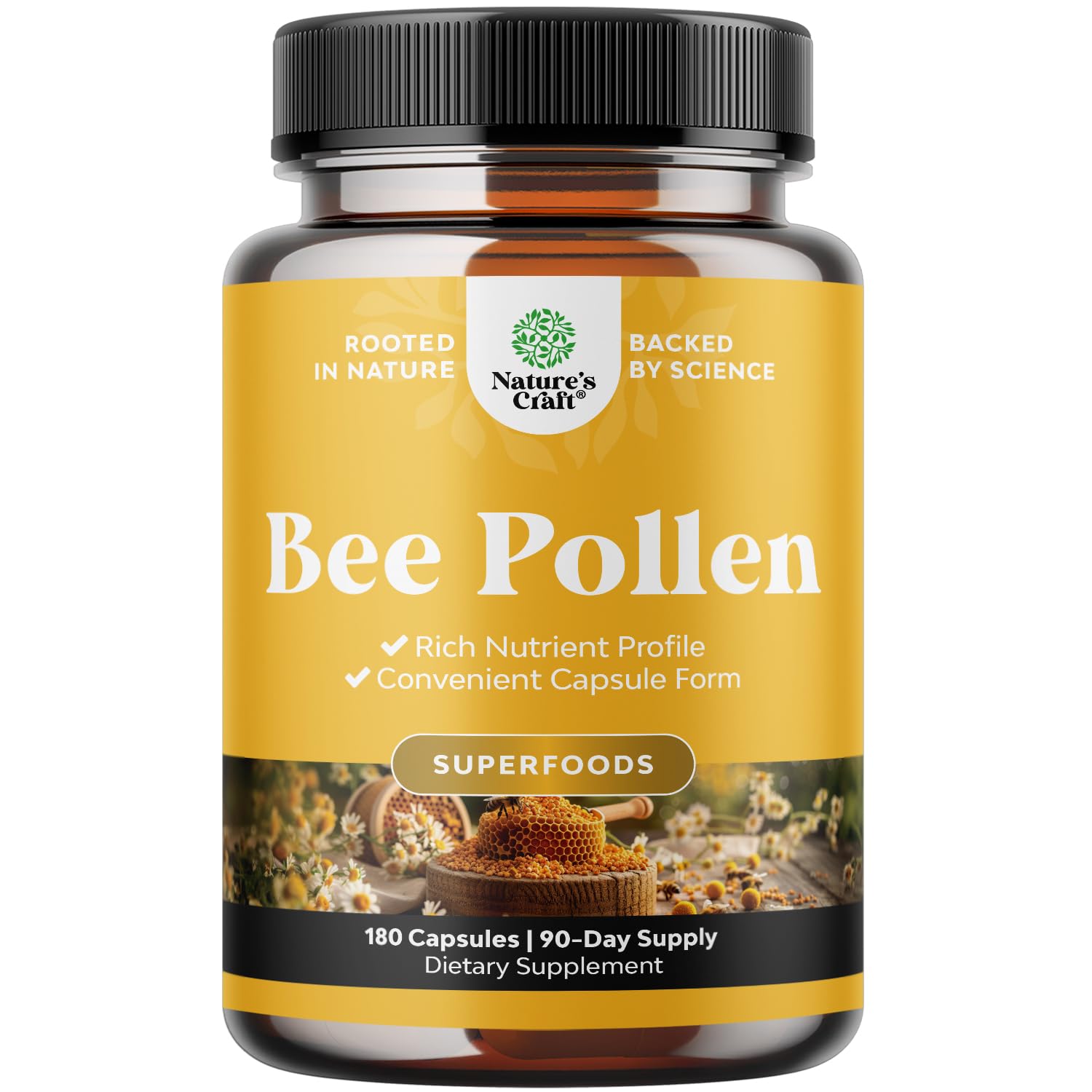 Natures Craft Bee Pollen Powder Capsules front view with packaging