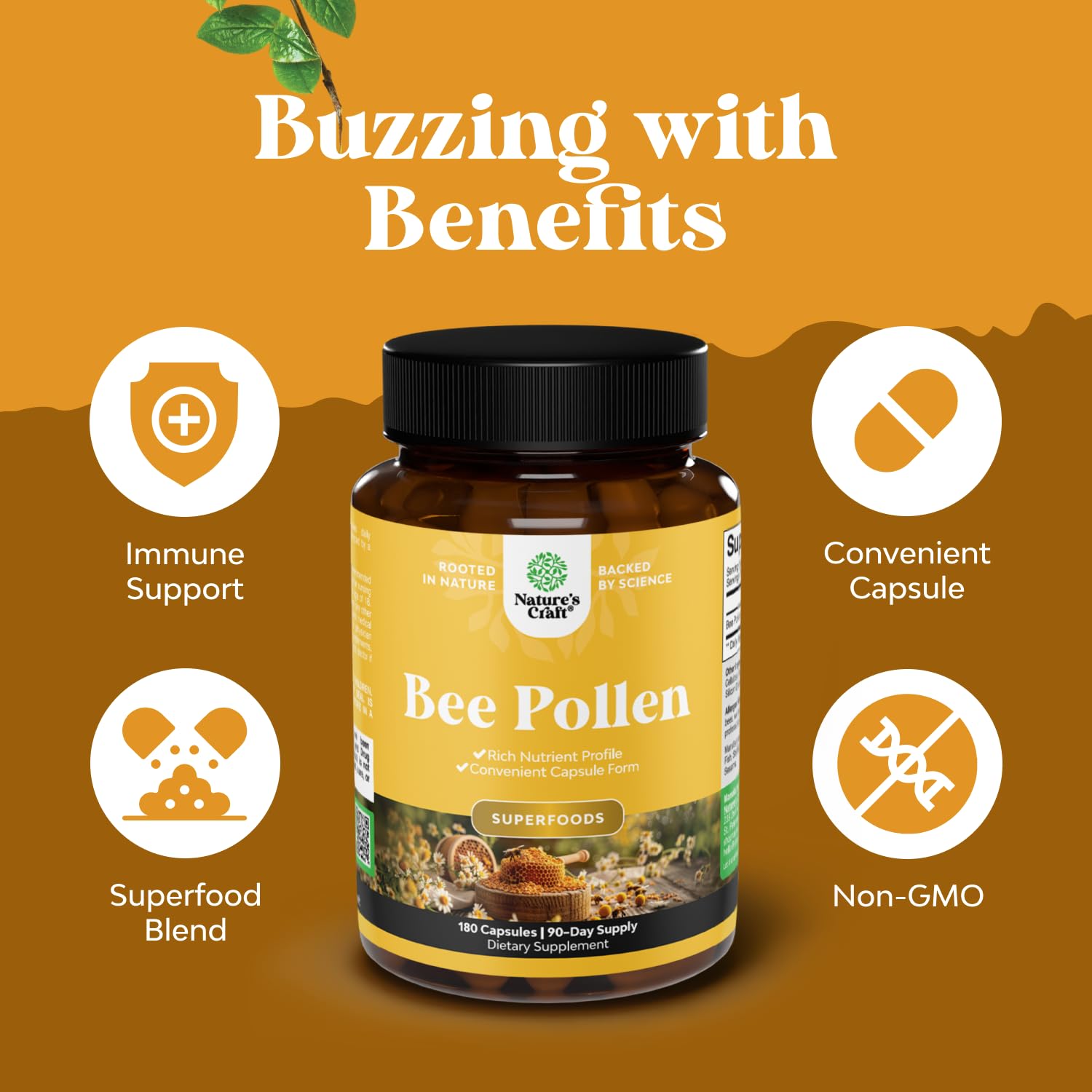 Natures Craft Bee Pollen Powder Capsules with a natural background