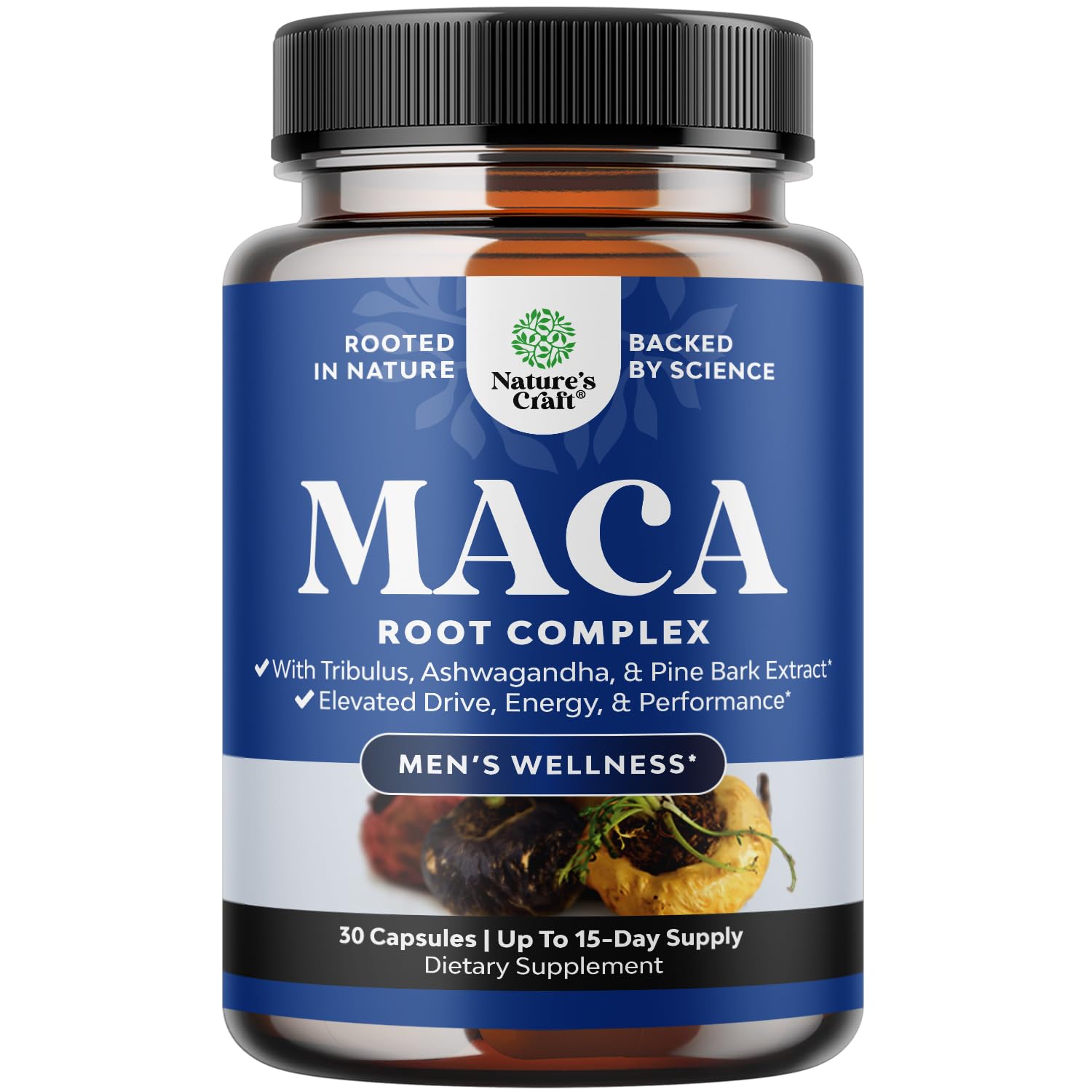 Natures Craft Black Maca Root Capsules front view with packaging