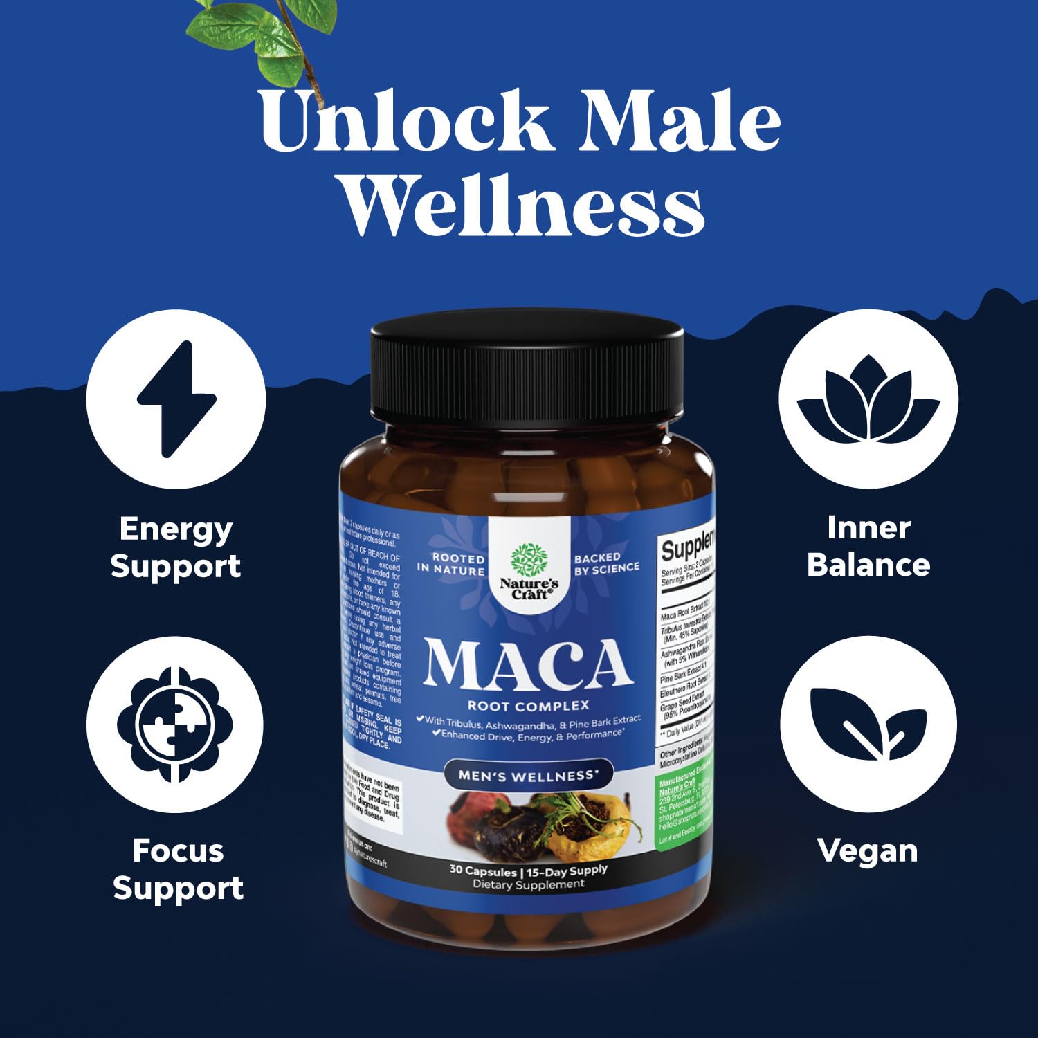 Natures Craft Black Maca Root Capsules with a green plant background