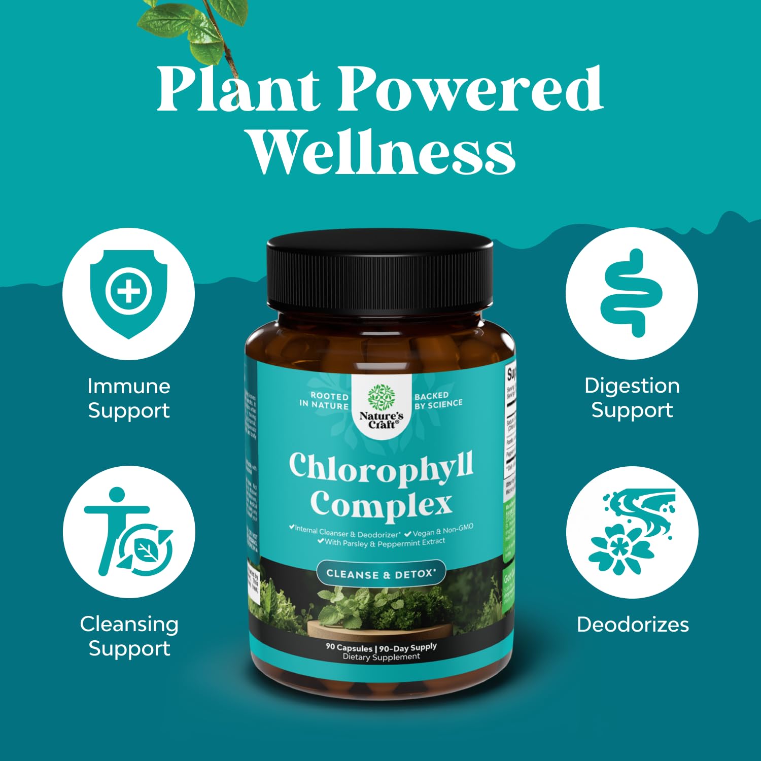 Natures Craft Chlorophyll Capsules on a wooden table