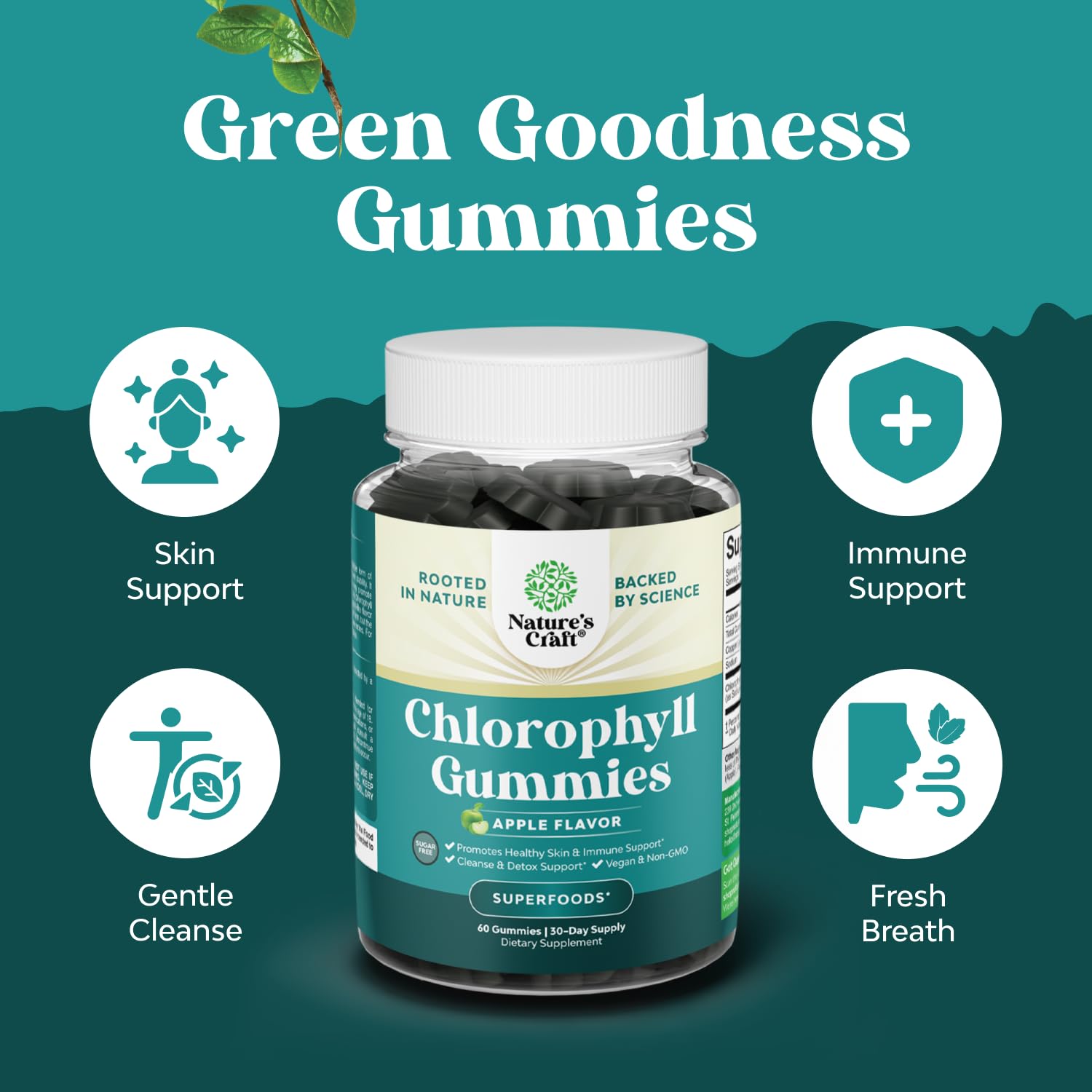Natures Craft Chlorophyll Gummies on a wooden table