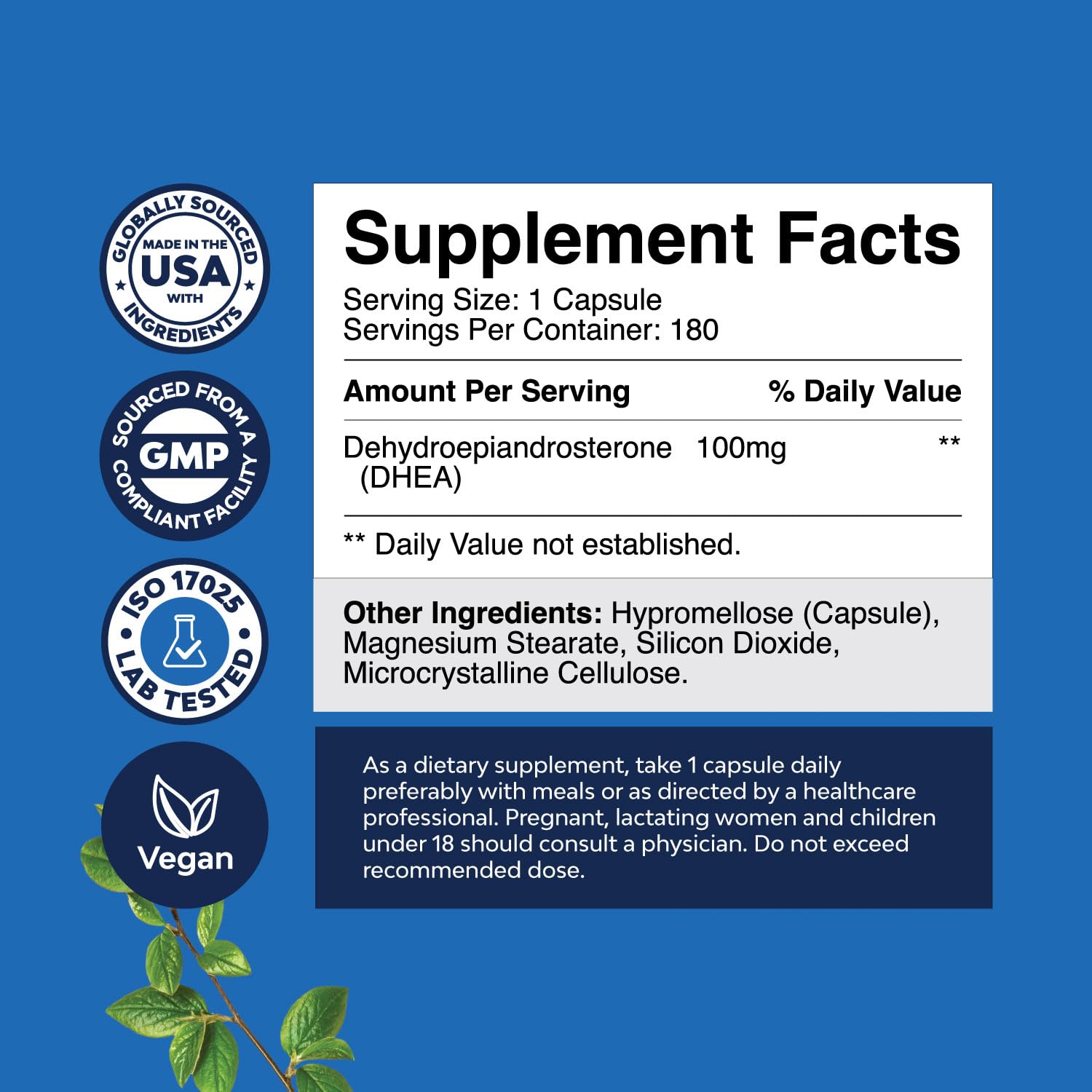 Natures Craft DHEA Supplement 100mg capsule label close-up