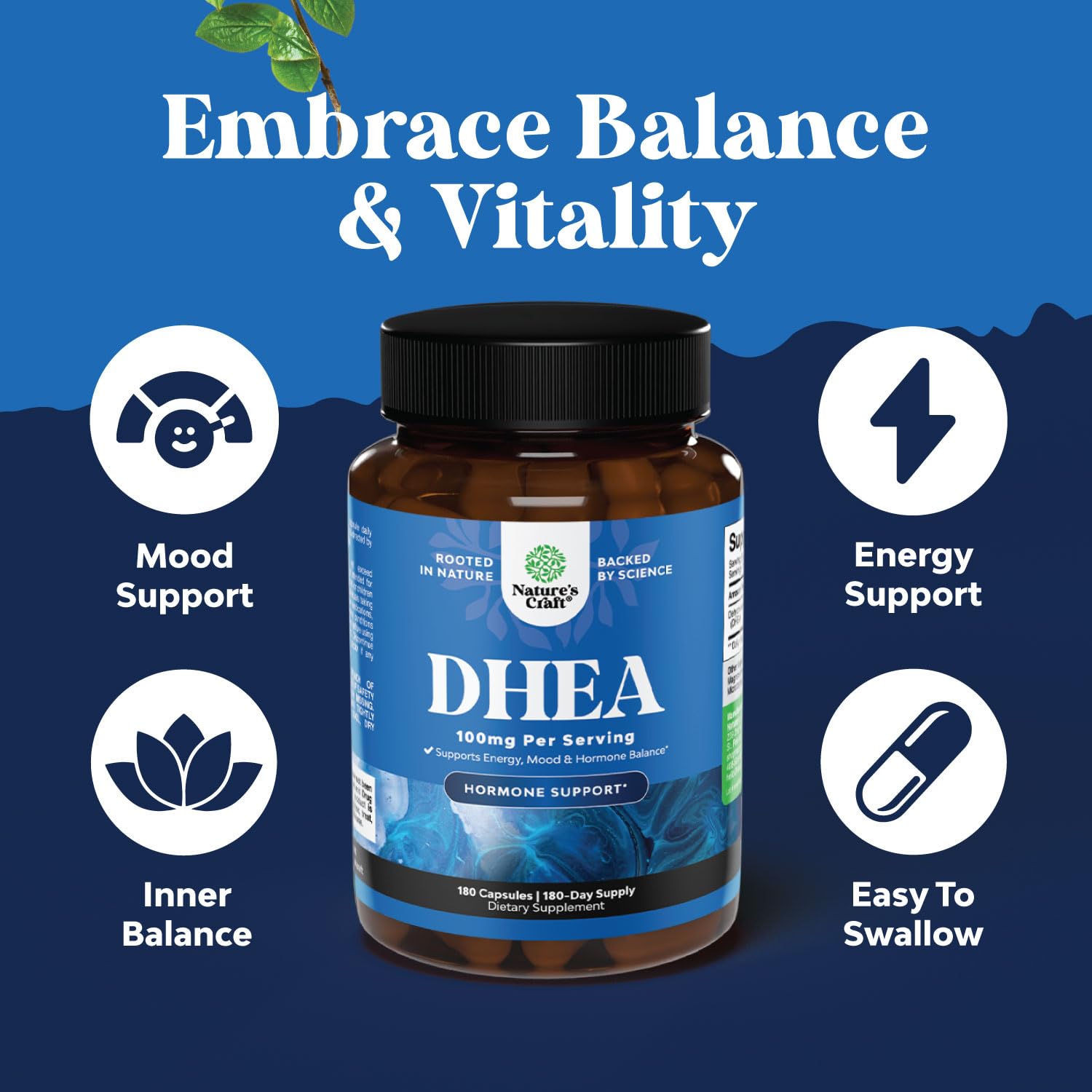 Natures Craft DHEA Supplement 100mg capsule on a wooden table