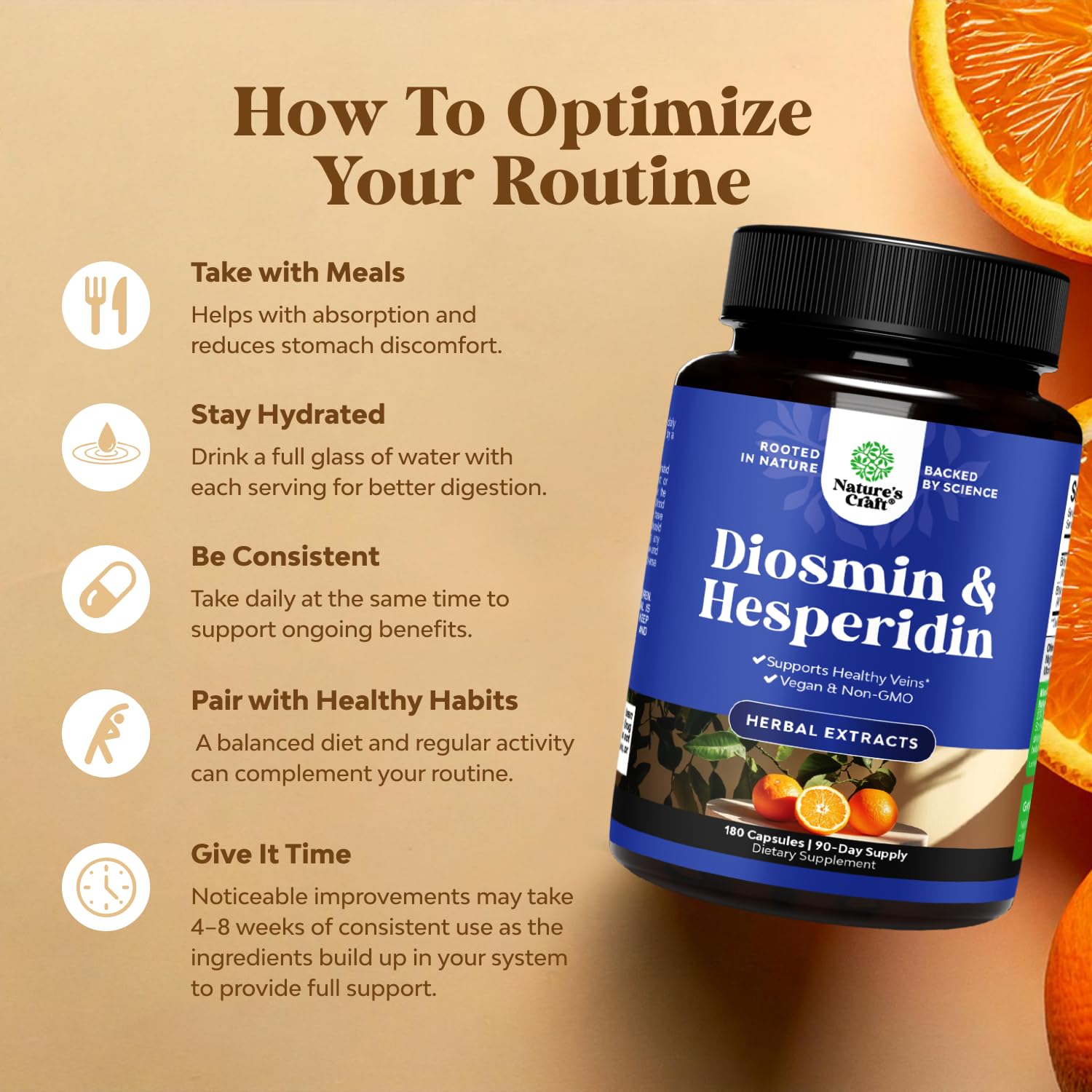 Natures Craft Diosmin Hesperidin Capsules 1000mg capsules on a wooden surface