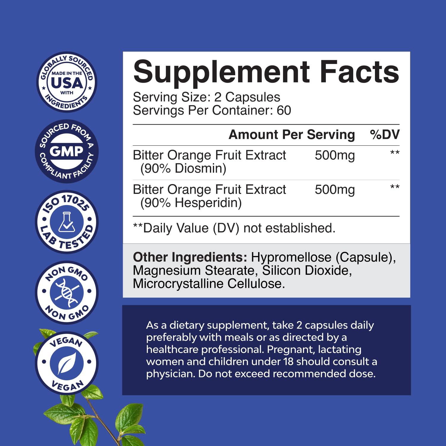 Natures Craft Diosmin Hesperidin Supplement 500mg bottle side view
