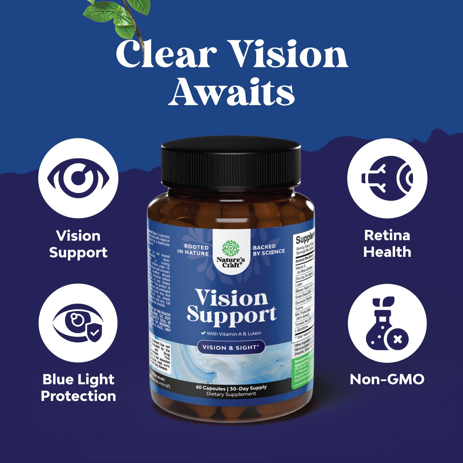 Natures Craft Eye Care Supplement bottle on a wooden table