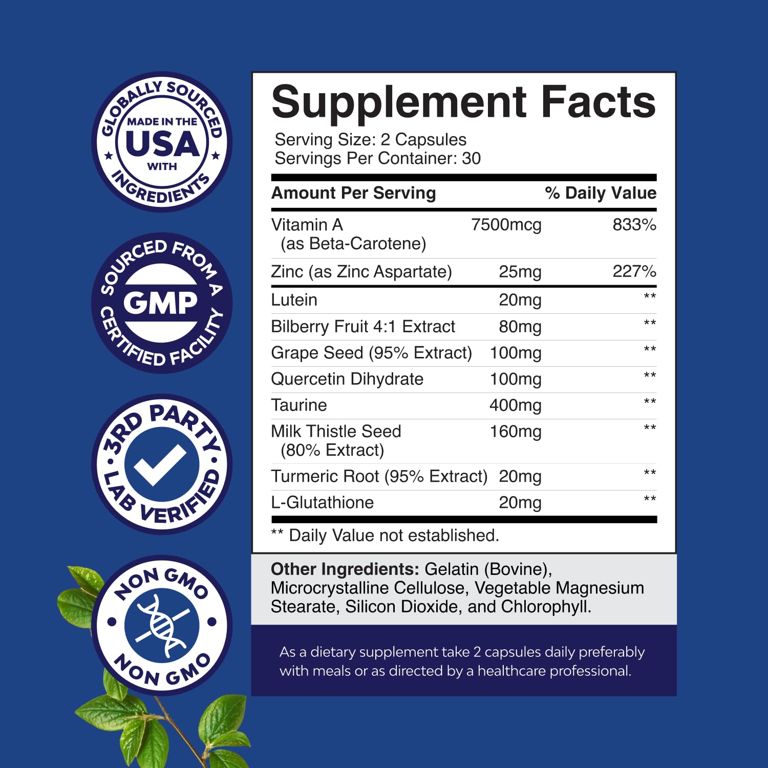 Natures Craft Eye Care Supplement ingredients list on back