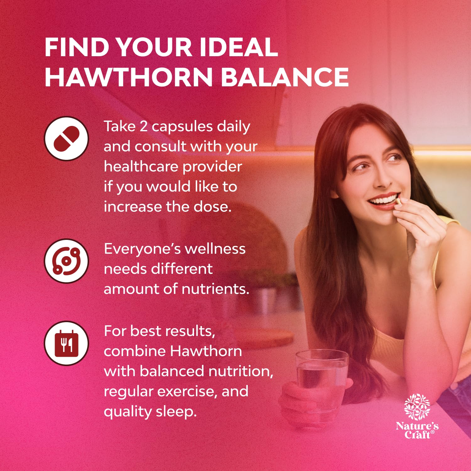 Natures Craft Hawthorn Berry Supplement 4:1 Extract capsules on a wooden table