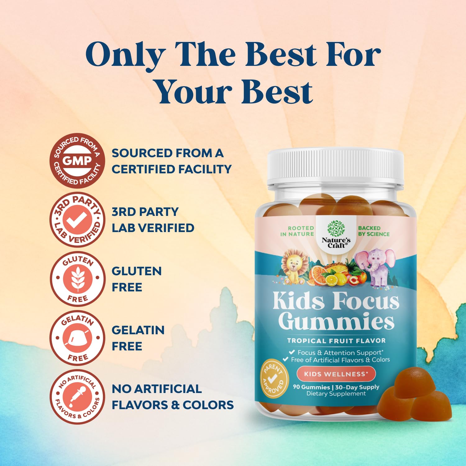 Natures Craft Kids Gummy Multivitamins displayed with fruits