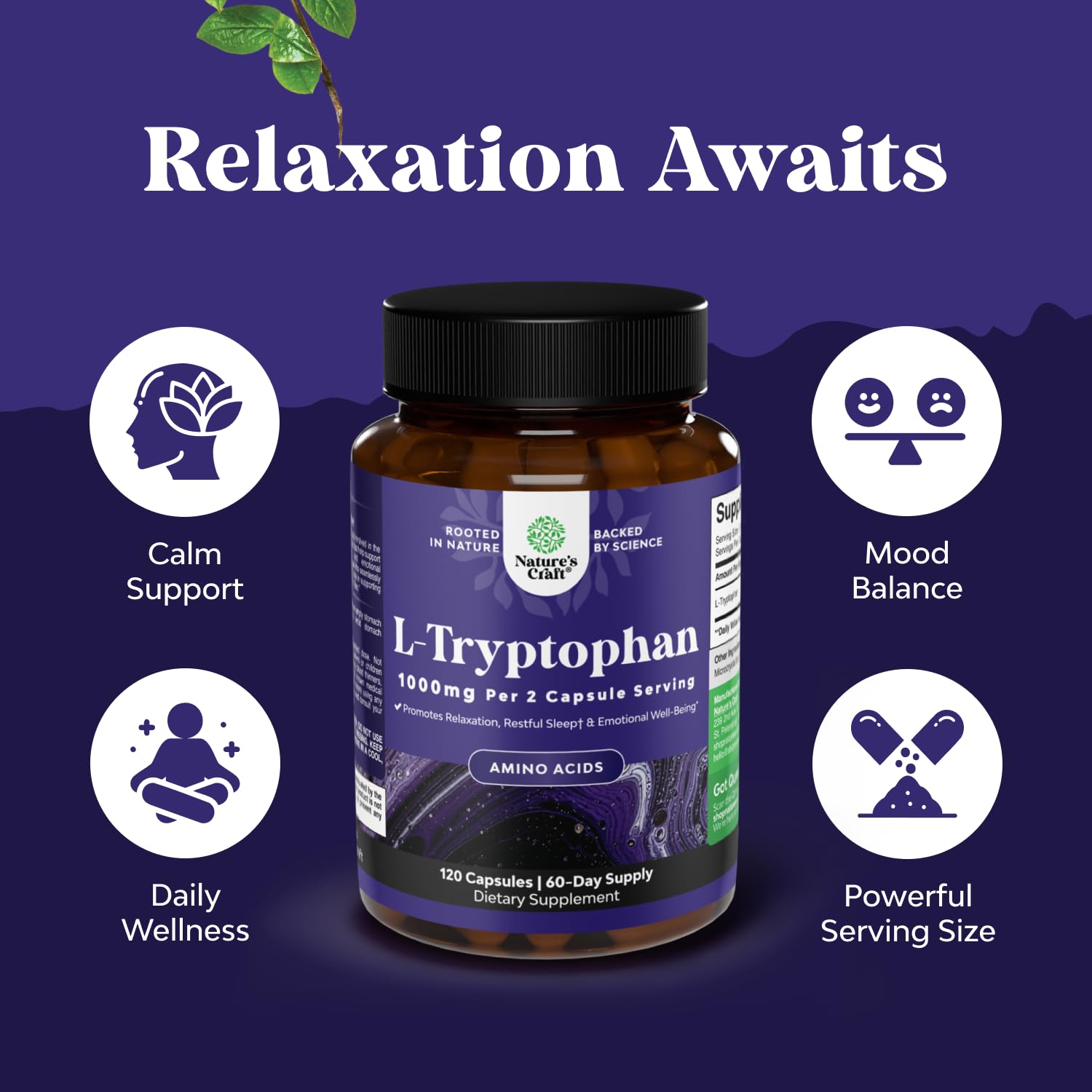 Natures Craft L-Tryptophan Capsules 1000mg side view