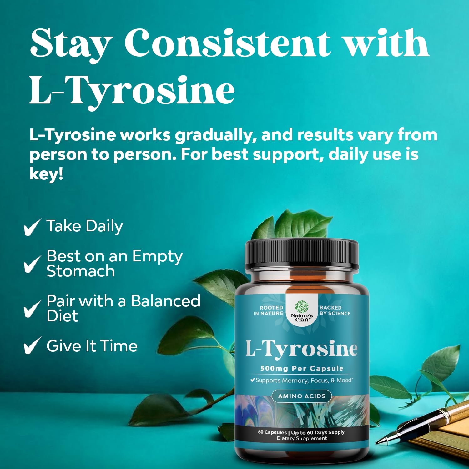 Natures Craft L-Tyrosine capsules on a wooden table