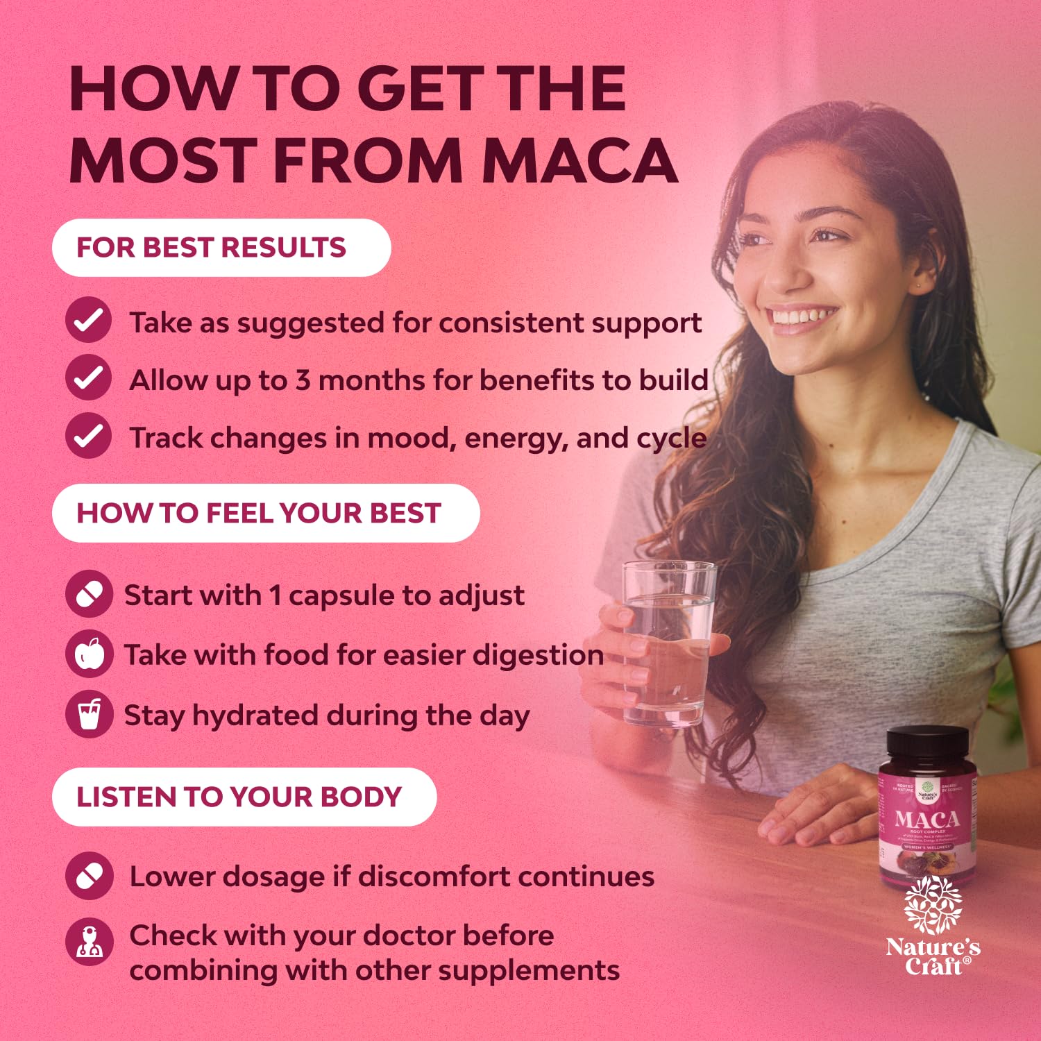 Natures Craft Maca Root Capsules 150g displayed with a measuring spoon