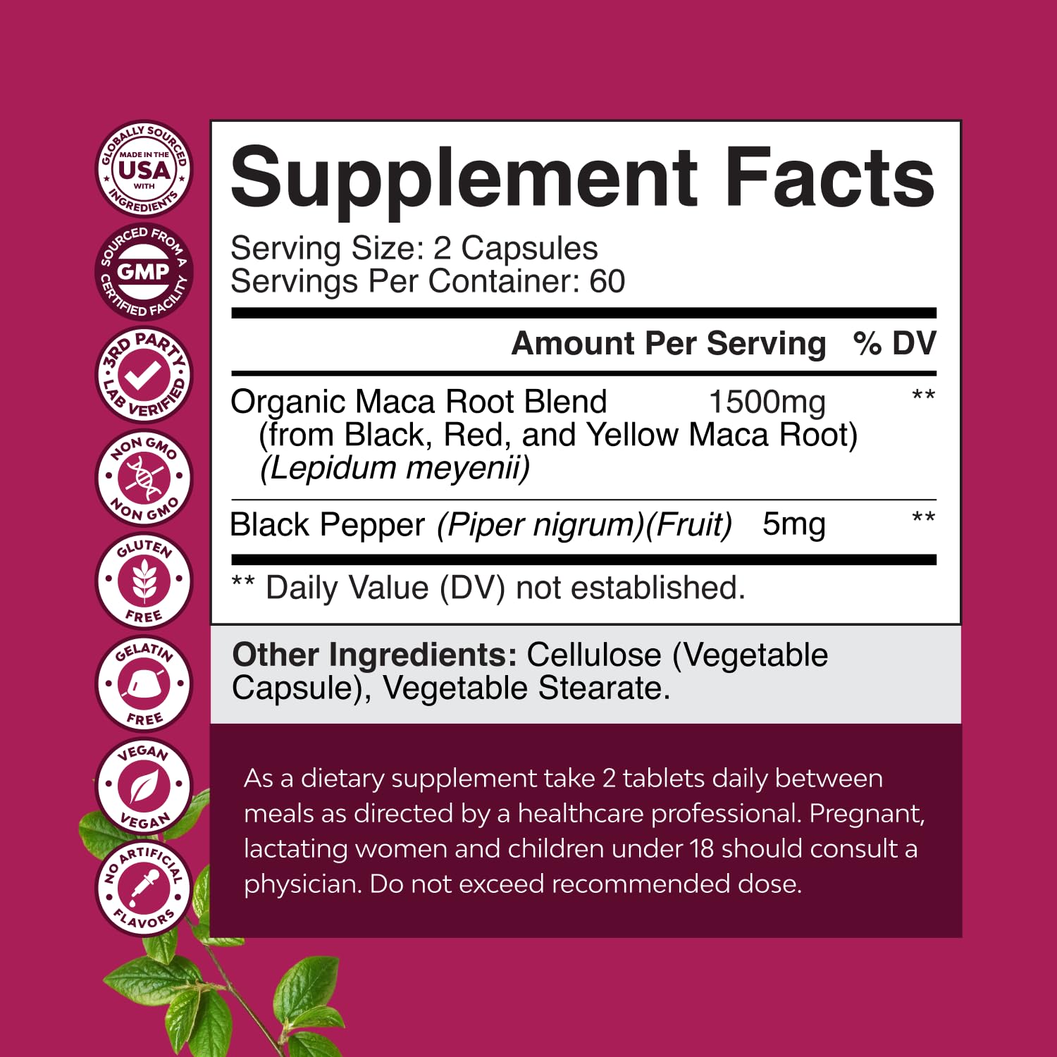 Natures Craft Maca Root Capsules 150g side view showing capsule size