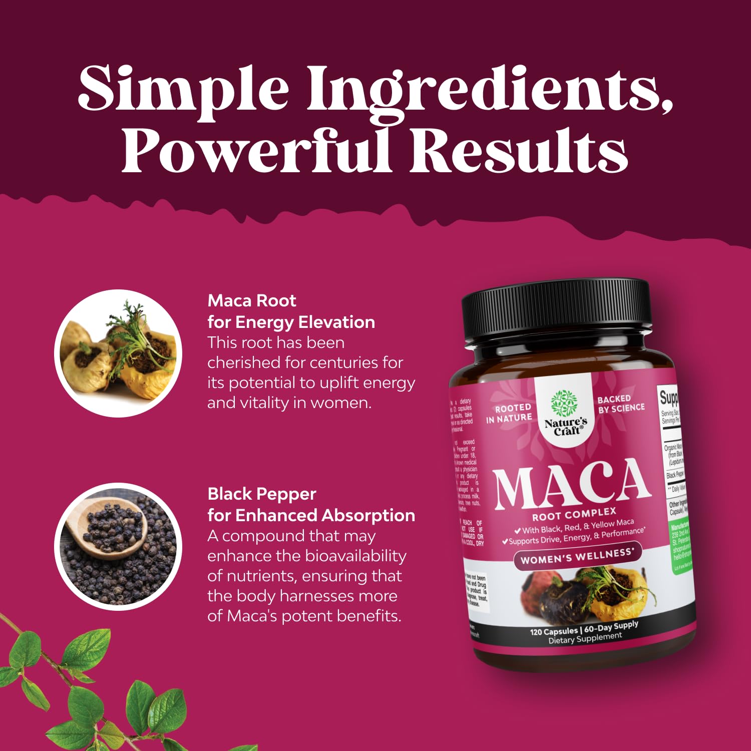 Natures Craft Maca Root Capsules 150g with a glass of water