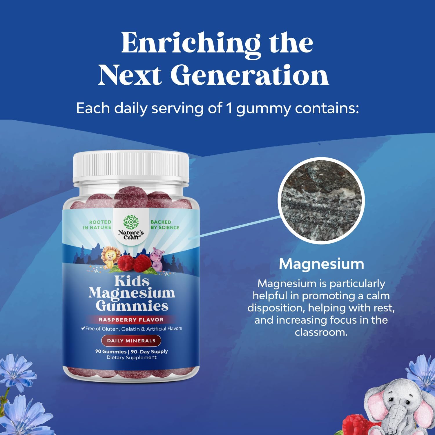 Natures Craft Magnesium Gummies for Kids with a child holding a gummy
