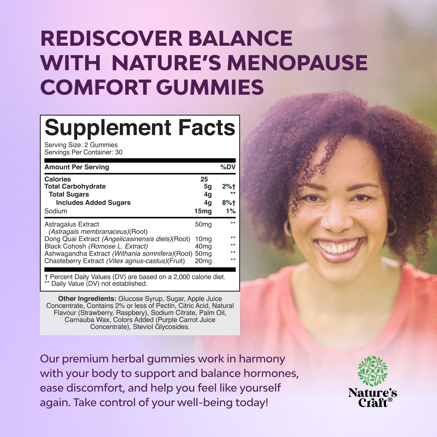 Natures Craft Menopause Ease Gummies side view, showing gummies inside