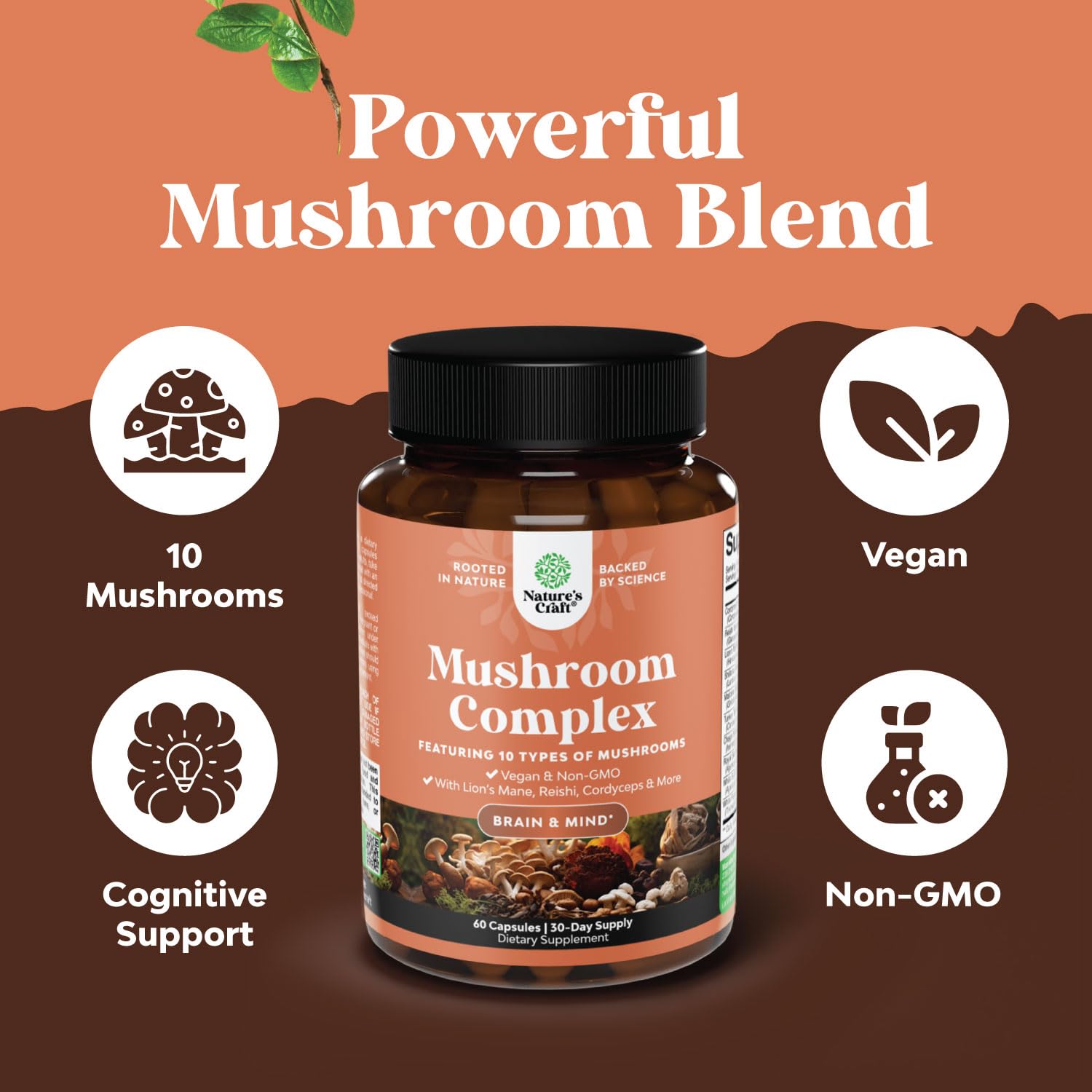 Natures Craft Mushroom Supplement 10X Blend capsules on a table