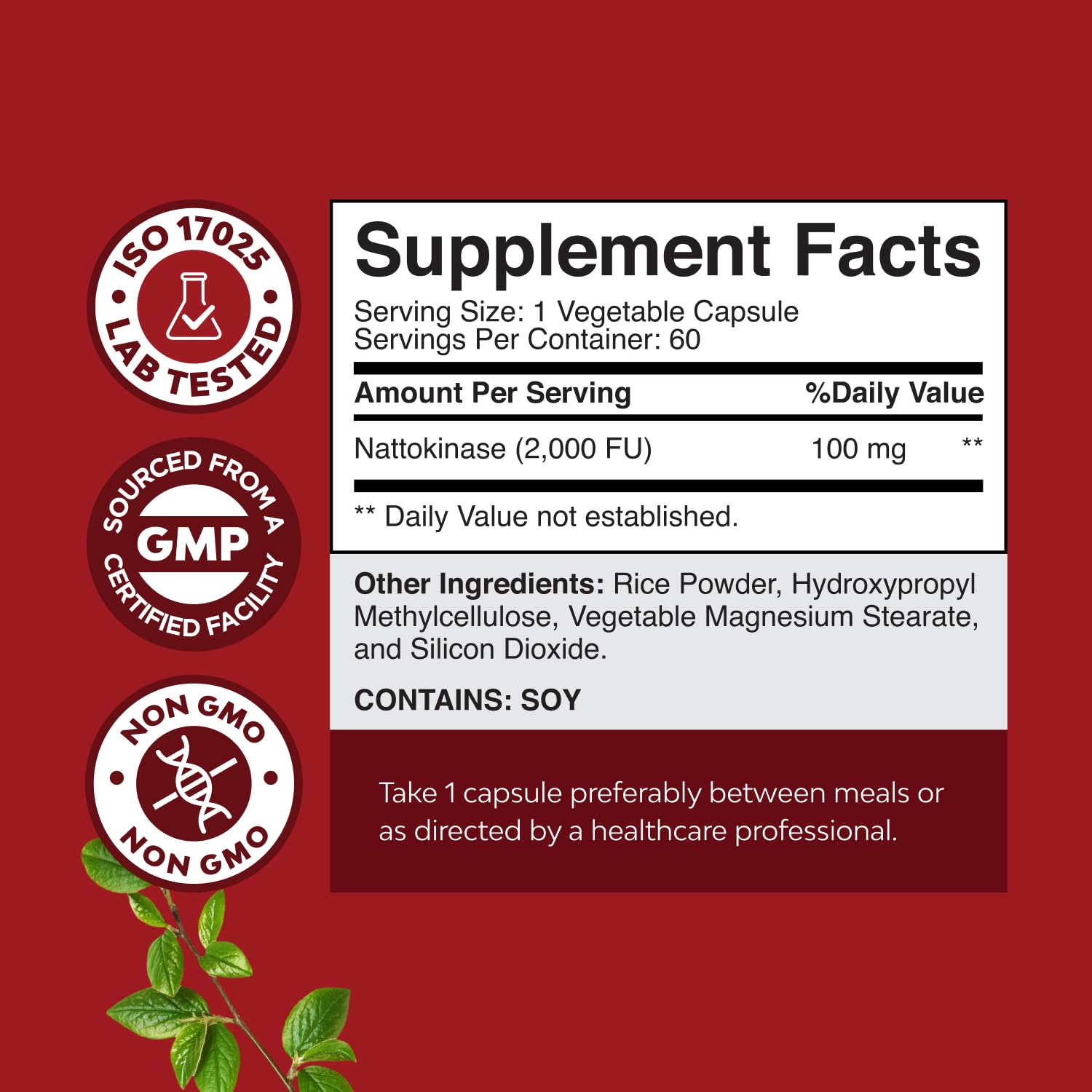 Natures Craft Nattokinase Capsules 100mg label close-up