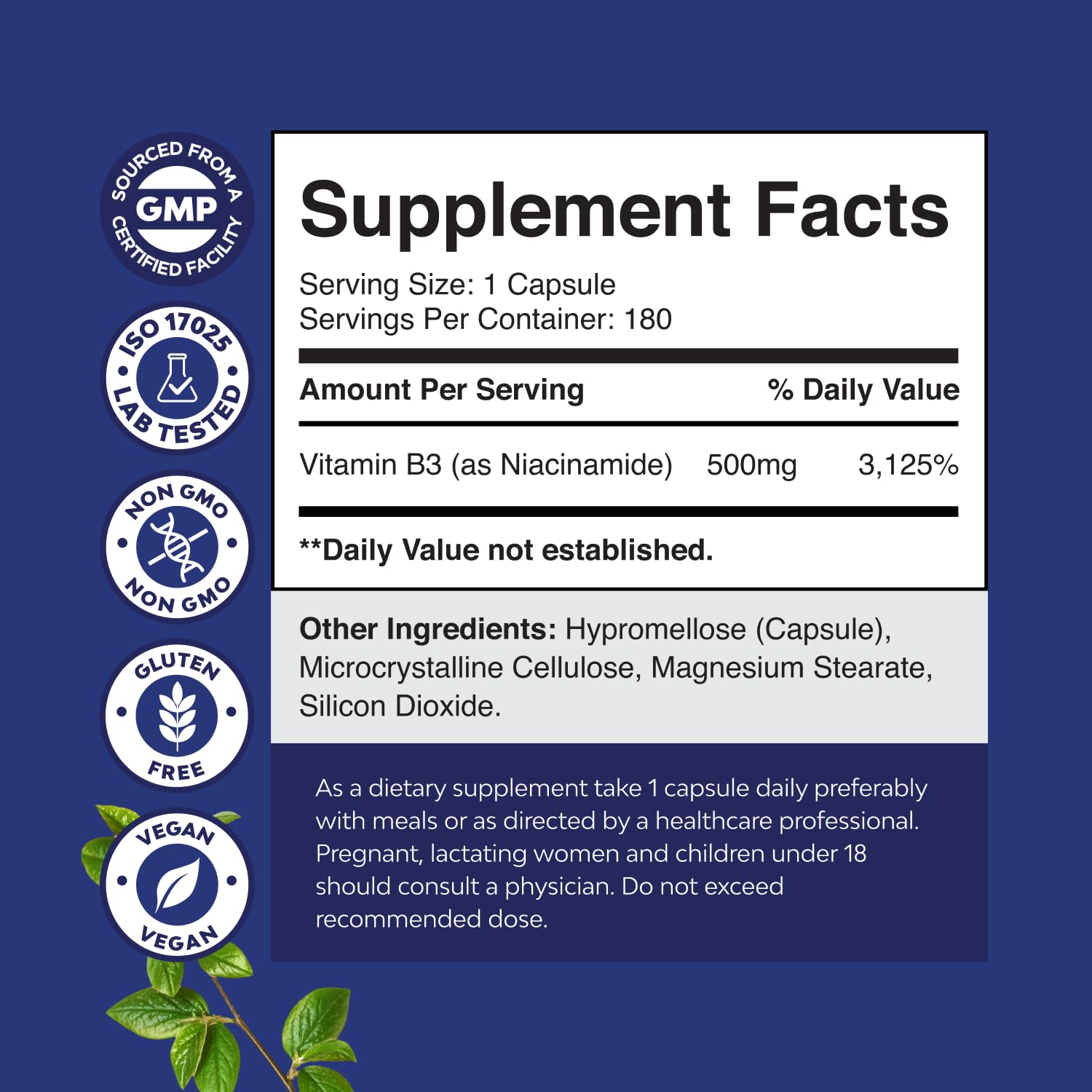 Natures Craft Niacinamide 500mg capsules bottle with label