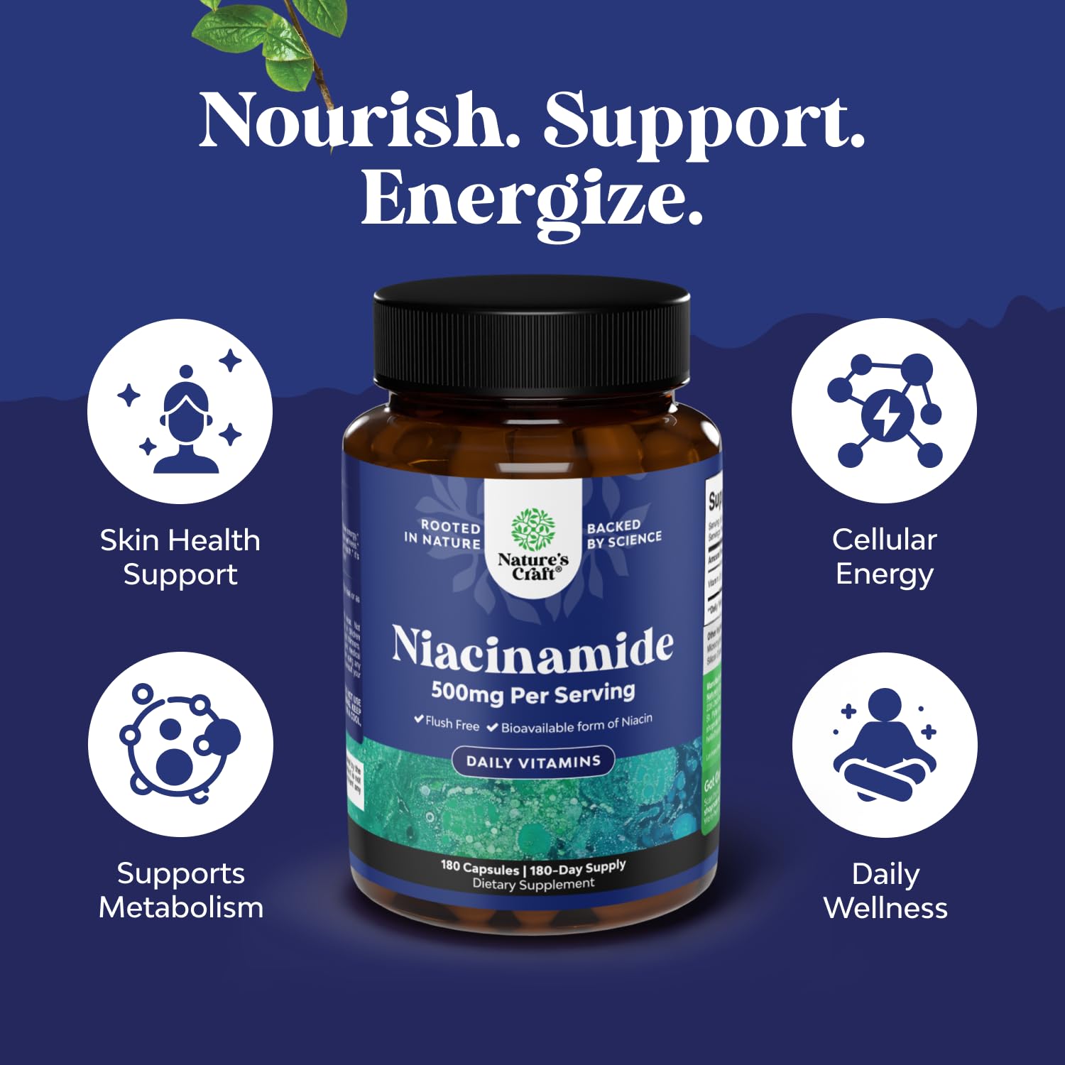 Natures Craft Niacinamide 500mg capsules on a wooden table