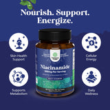 Natures Craft Niacinamide 500mg capsules on a wooden table