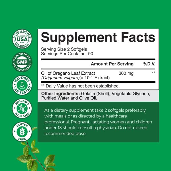 Natures Craft Oil of Oregano Softgels side view with dosage information