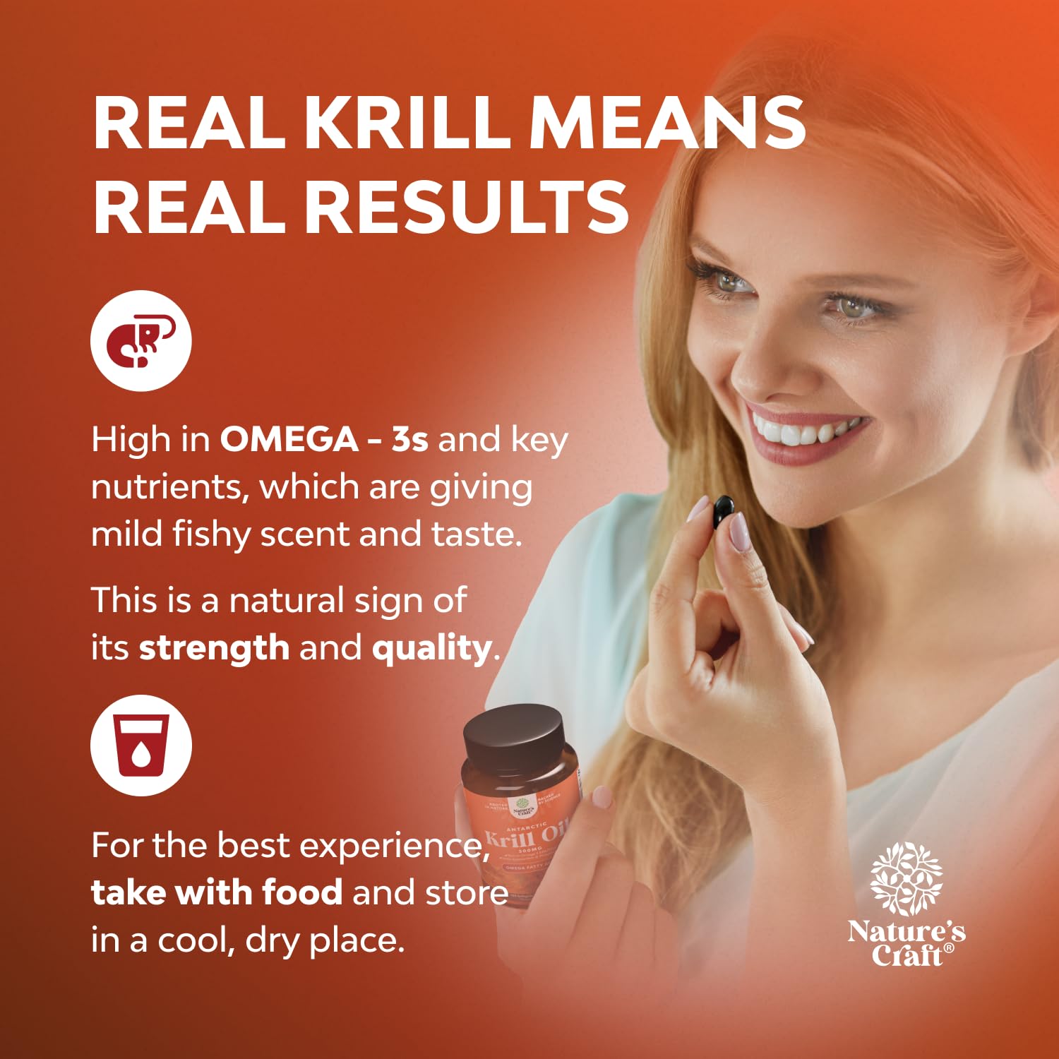 Natures Craft Omega 3 Krill Oil 1000mg supplement capsules on a wooden table