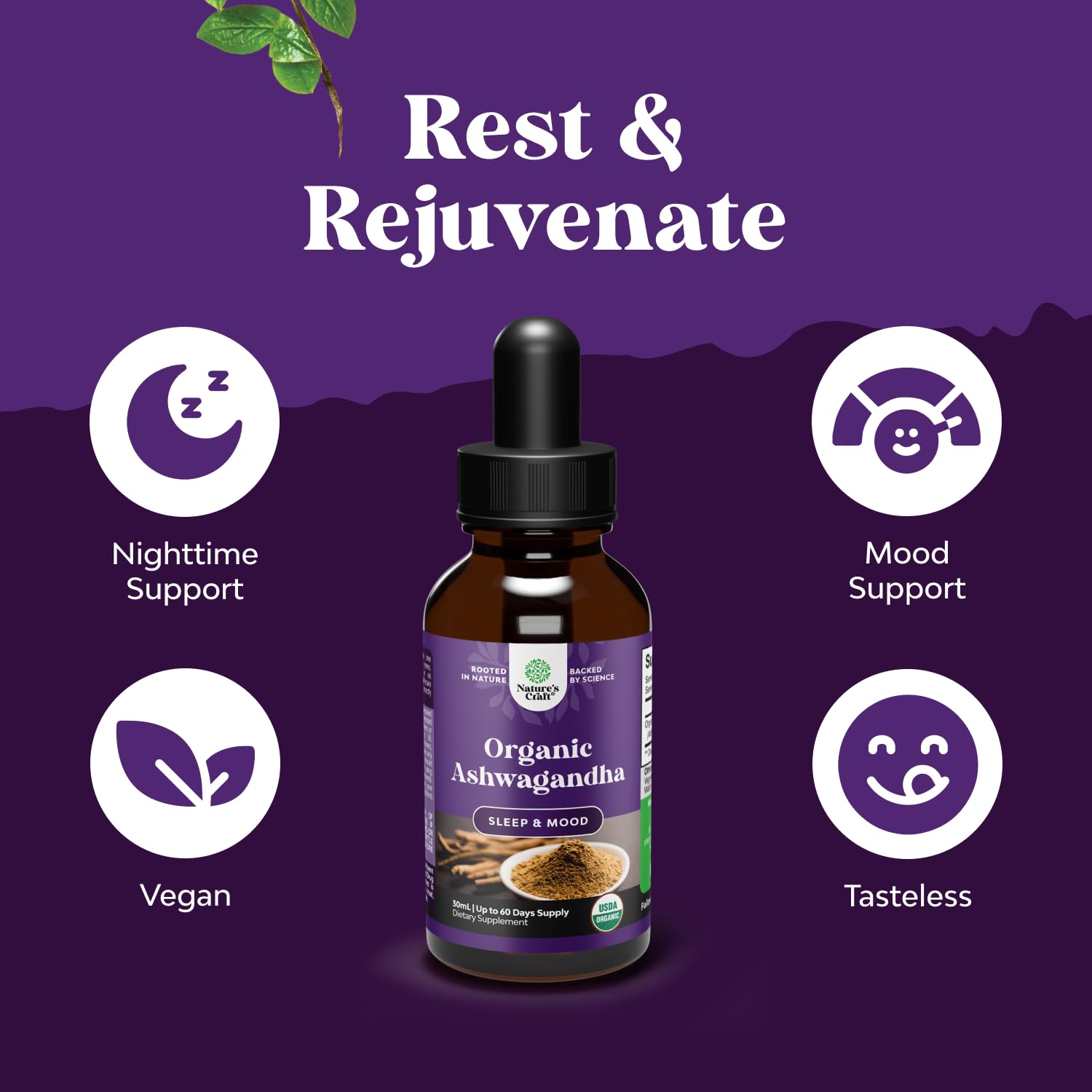 Natures Craft Organic Ashwagandha Drops back view with dosage instructions