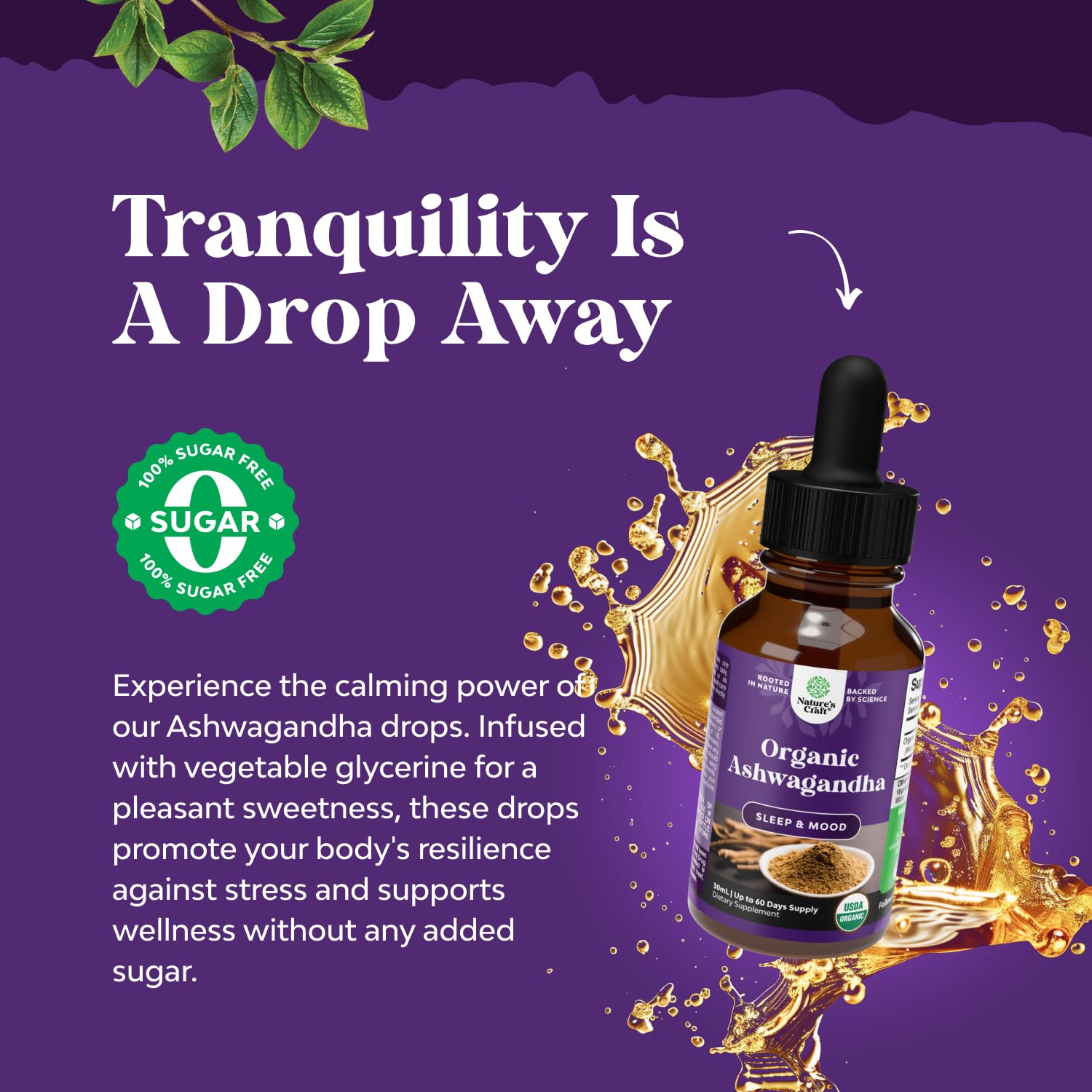 Natures Craft Organic Ashwagandha Drops lifestyle scene on a table
