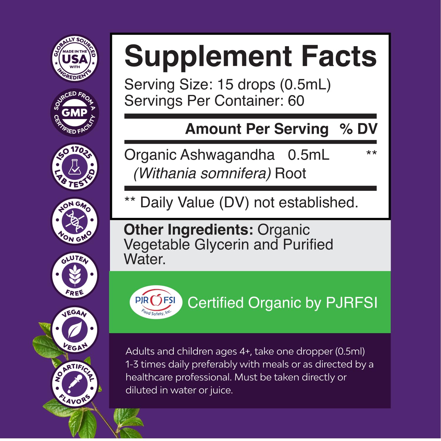 Natures Craft Organic Ashwagandha Drops packaging with ingredients