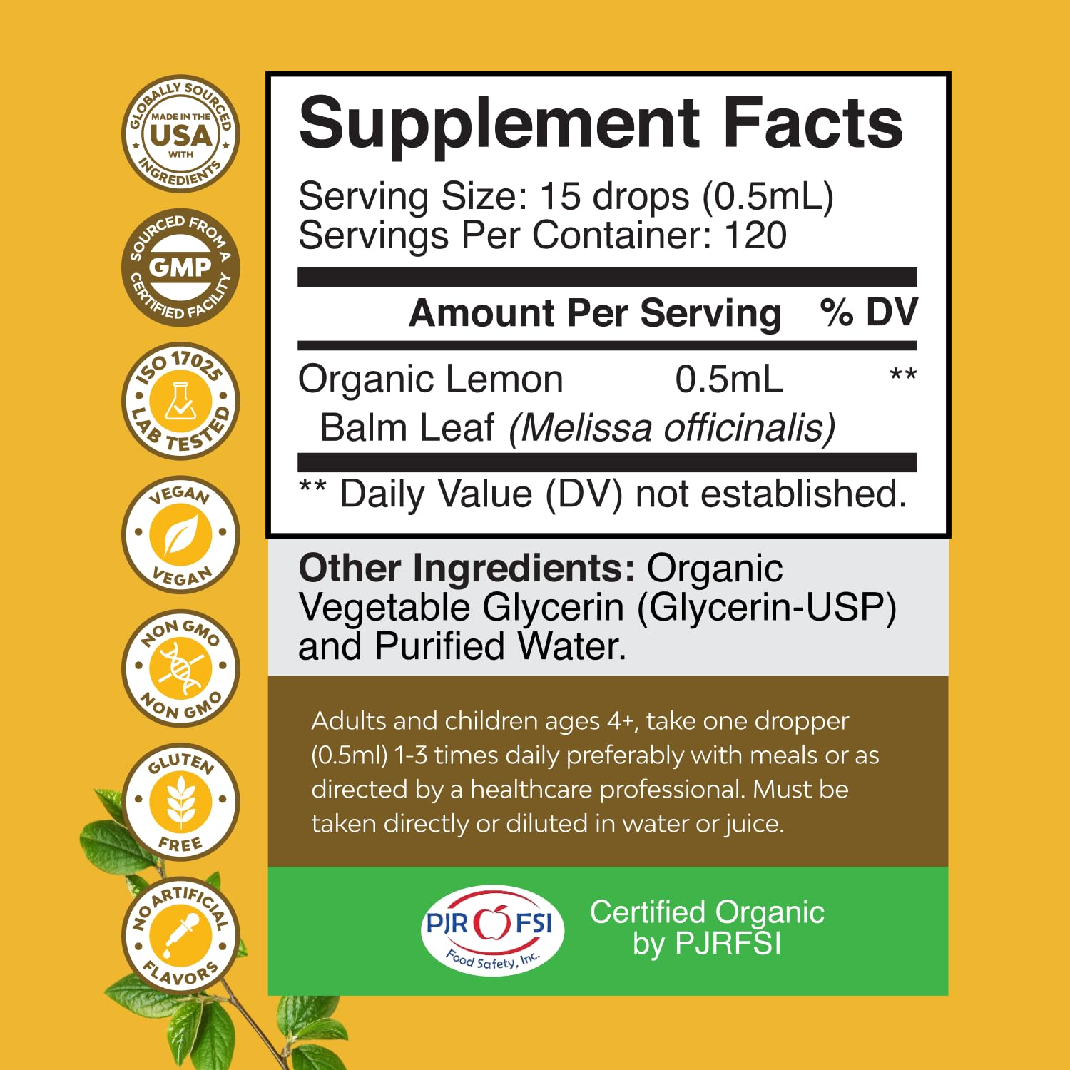 Natures Craft Organic Lemon Balm Oil Drops 150g side view