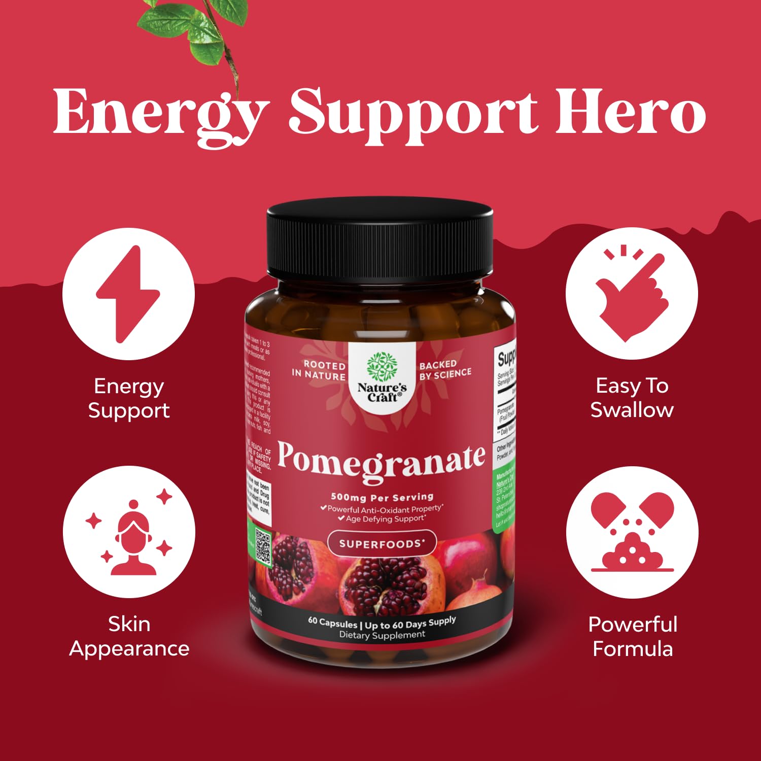 Natures Craft Pomegranate Extract Capsules 500mg capsules on a table