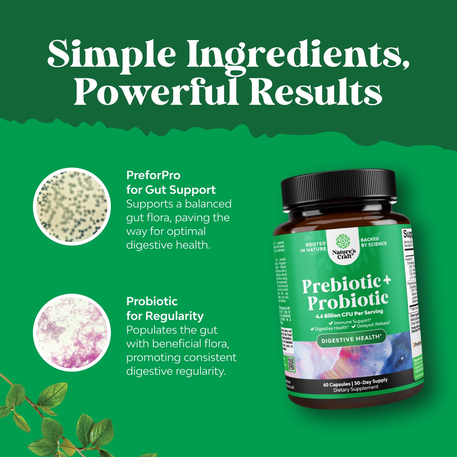 Natures Craft Probiotics and Prebiotics Supplement bottle with capsules